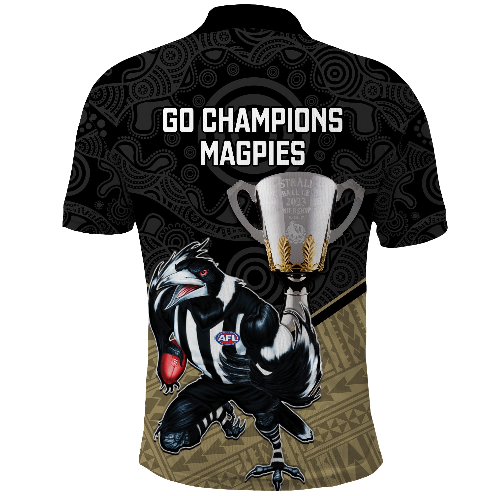 Collingwood Football Polo Shirt 2023 Mascot With Trophy Magpies Go Champions - Vibe Hoodie Shop