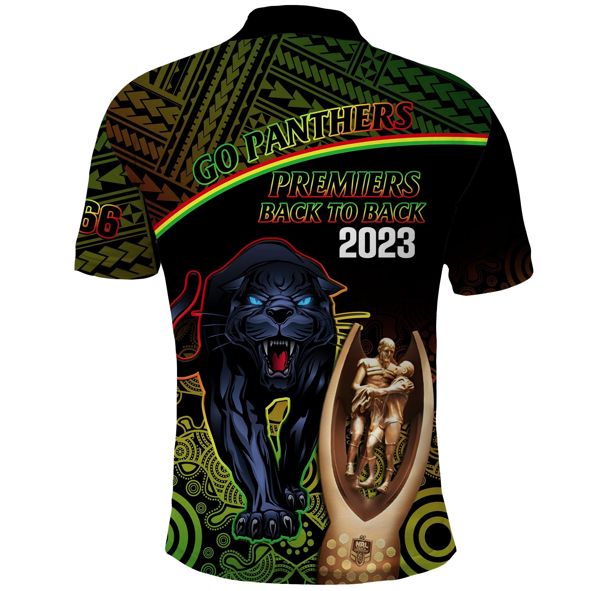 Penrith Panthers Rugby Polo Shirt 2023 Trophy Go Premiers Back To Back - Vibe Hoodie Shop