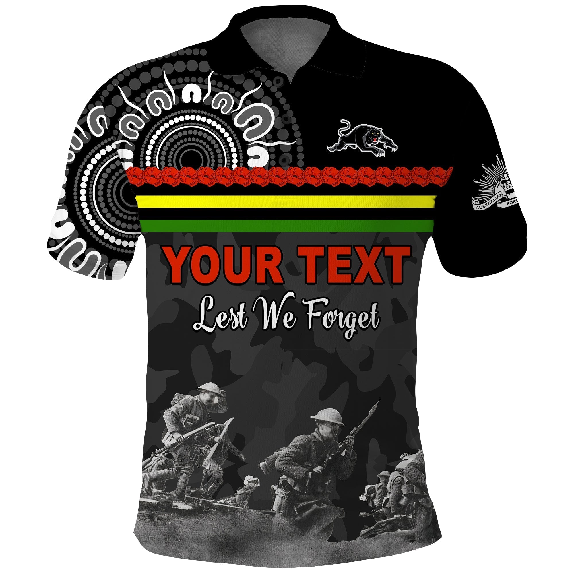 (Custom Personalised) Panthers ANZAC Day Polo Shirt Aboriginal Lest We Forget Ver.02 - Vibe Hoodie Shop