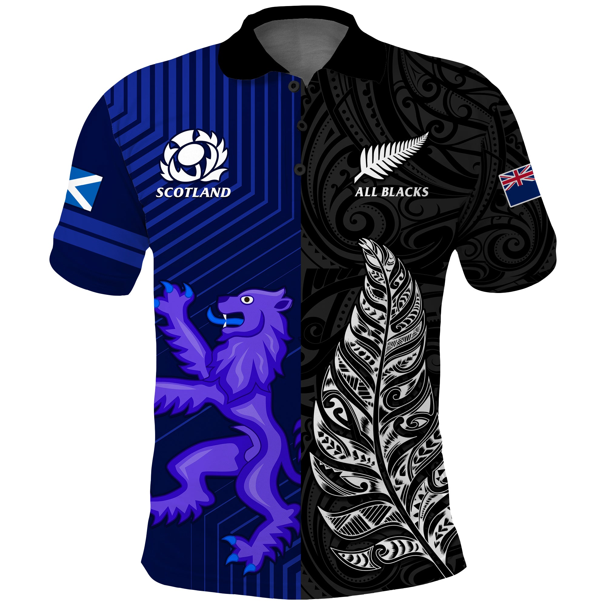 New Zealand and Scotland Rugby Polo Shirt All Black Thistle Together - Vibe Hoodie Shop