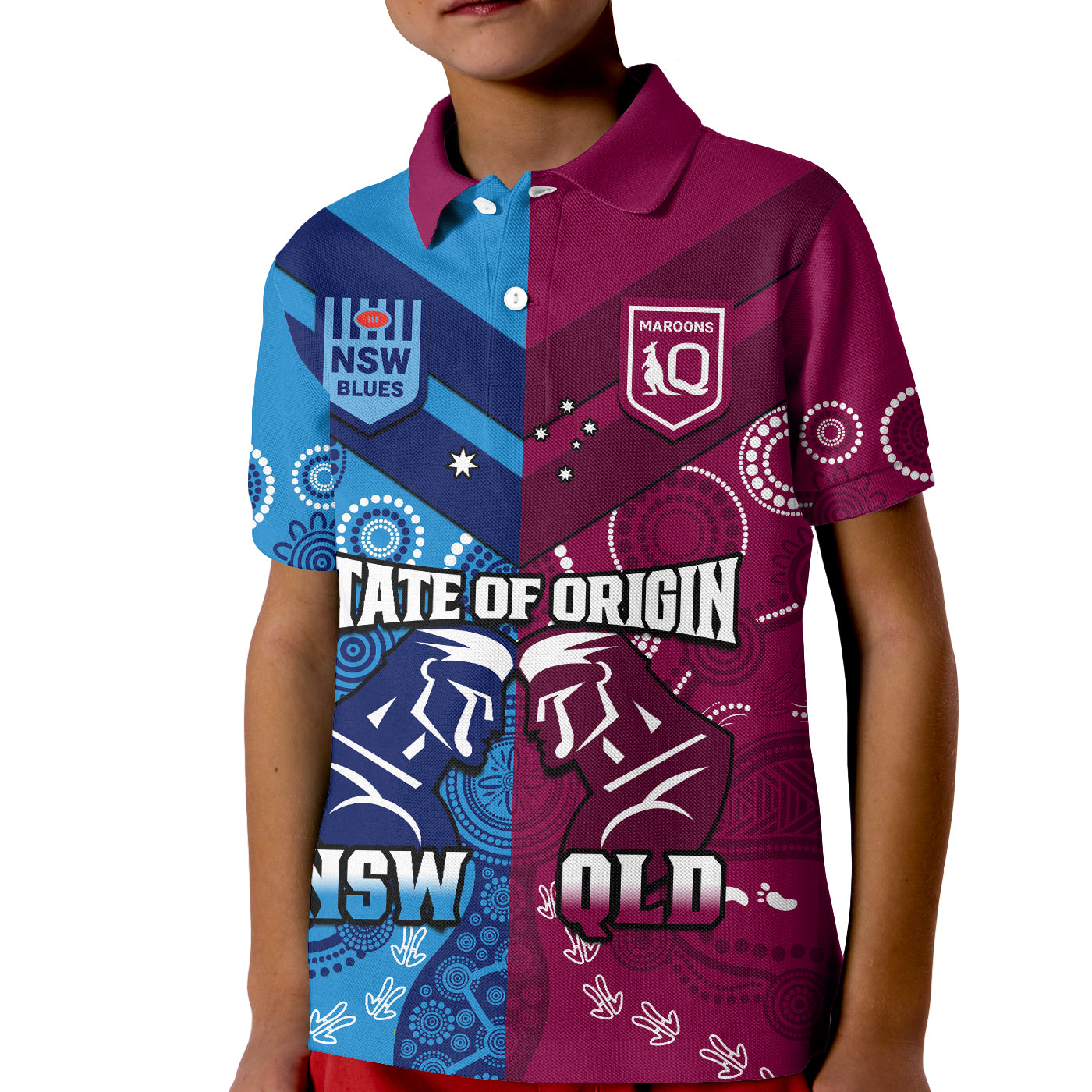 (Custom Personalised) QLD Maroons And NSW Blues Rugby Polo Shirt KID State of Origin Indigenous - Vibe Hoodie Shop