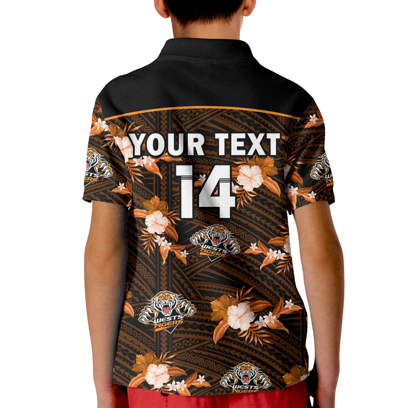 (Custom Text And Number) Wests Tigers Rugby Kid Polo Shirt Polynesian Tribal Mix Tropical Hawaiian Style LT14