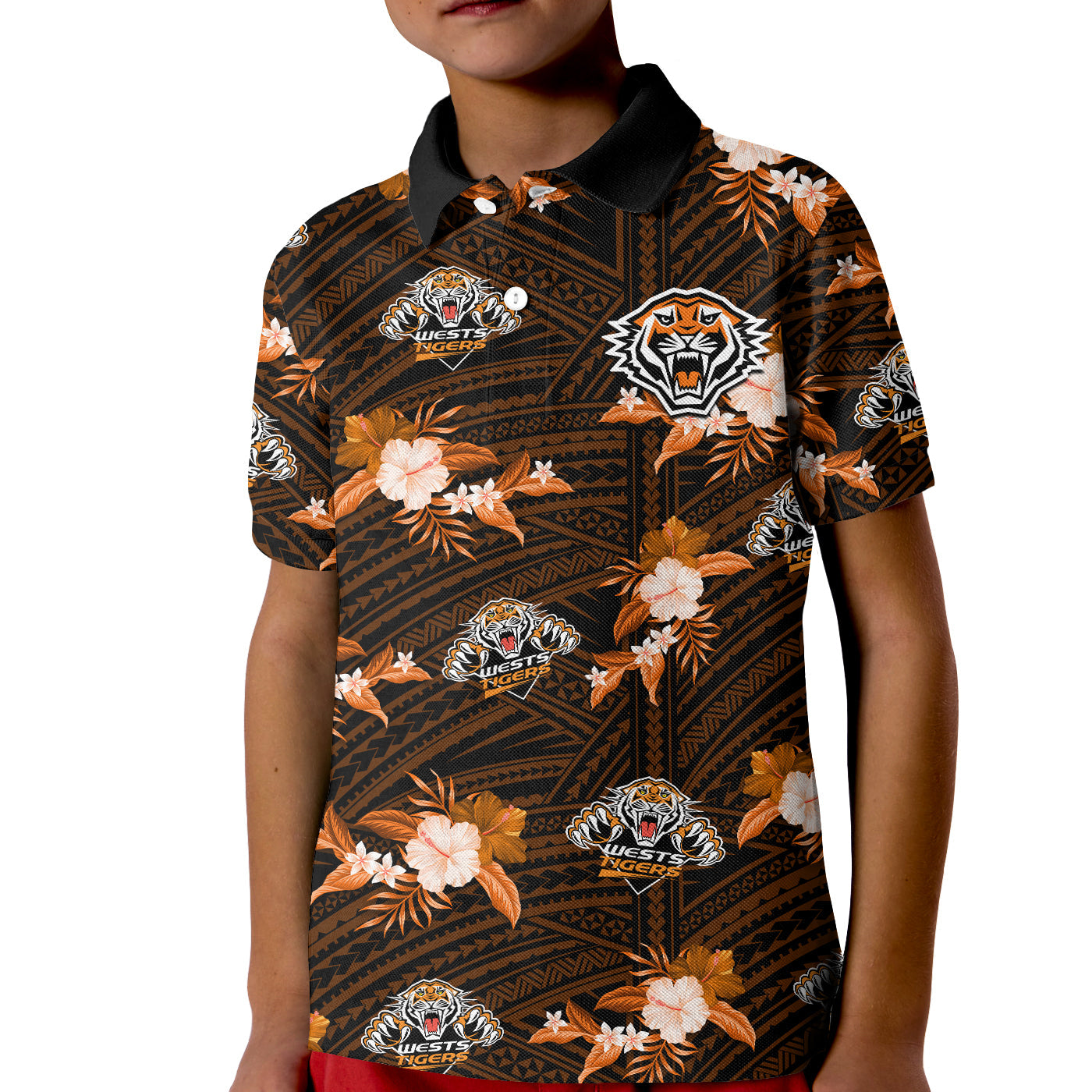 (Custom Text And Number) Wests Tigers Rugby Kid Polo Shirt Polynesian Tribal Mix Tropical Hawaiian Style LT14