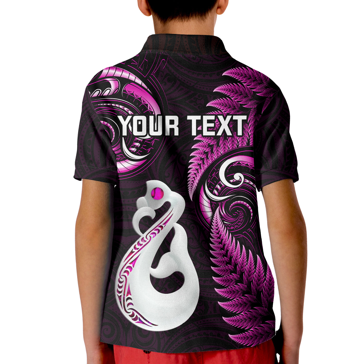 Personalised New Zealand Kid Polo Shirt Aotearoa Silver Fern With Manaia Maori Unique Pink - Vibe Hoodie Shop