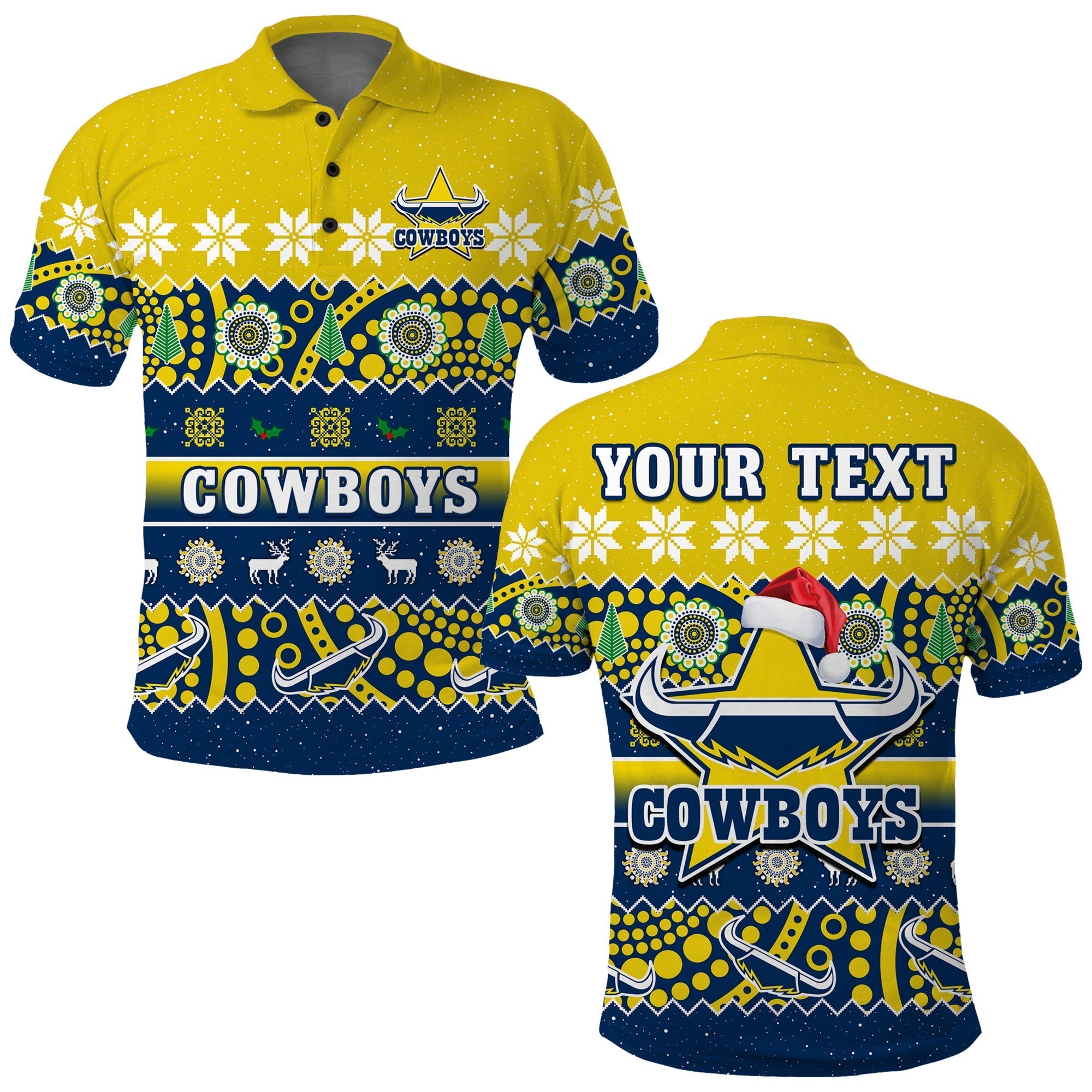 (Custom Personalised) Cowboys Christmas Polo Shirt Aboriginal Art Merry Xmas - Vibe Hoodie Shop