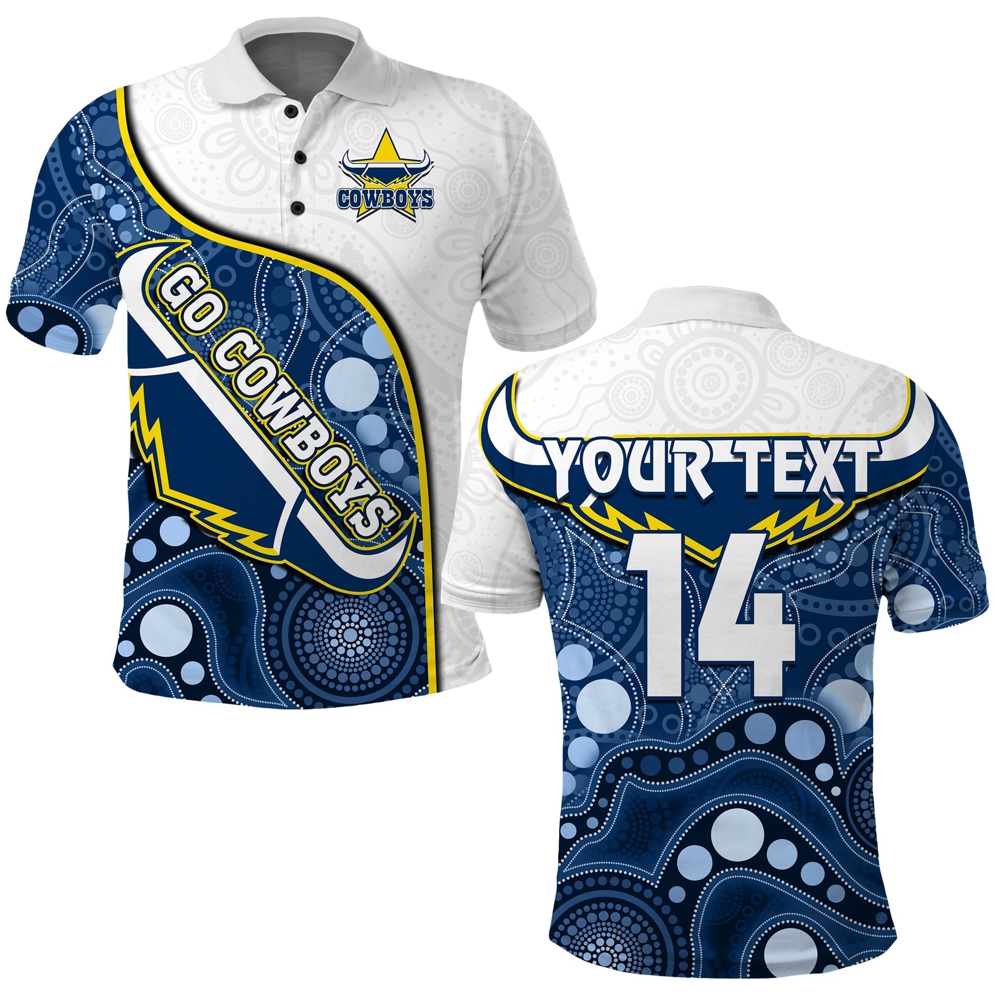 (Custom Text And Number) Cowboys Rugby Polo Shirt Indigenous Pattern 2022 Premiers Sporty Style - Vibe Hoodie Shop