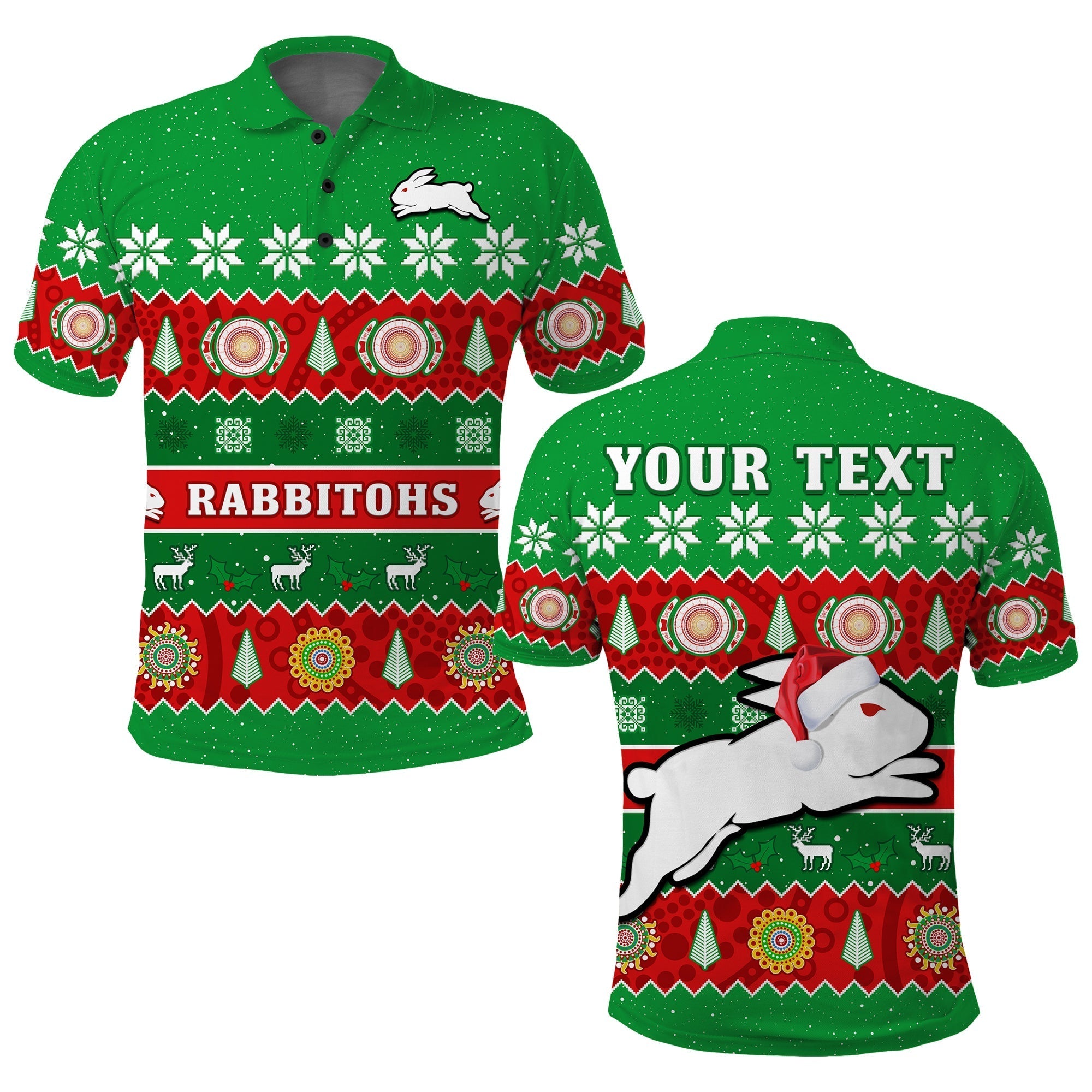 (Custom Personalised) Rabbitohs Christmas Polo Shirt Souths Aboriginal Art Merry Xmas - Vibe Hoodie Shop