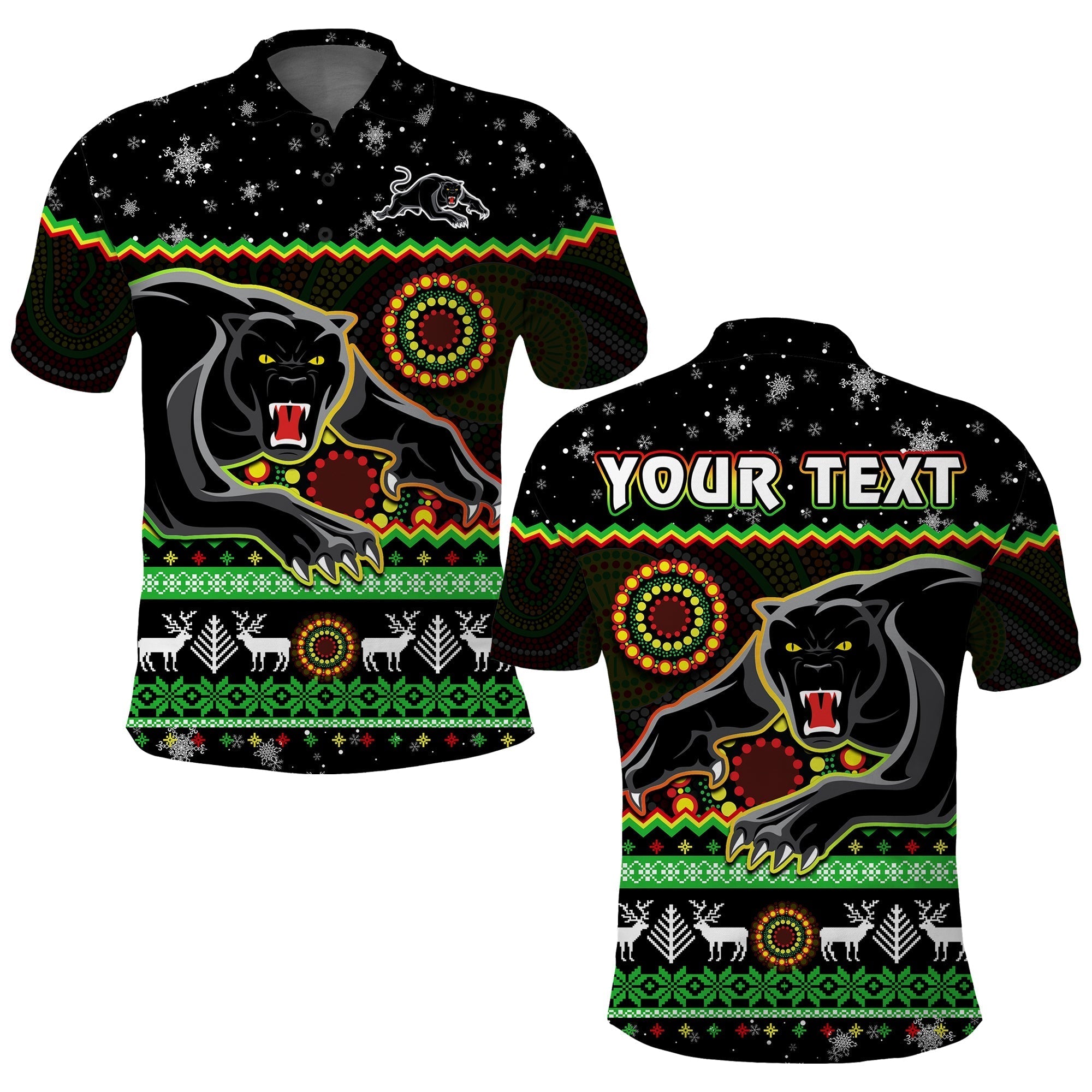 (Custom Personalised) Panthers Christmas Polo Shirt Aboriginal Pattern Penrith Black Version - Vibe Hoodie Shop