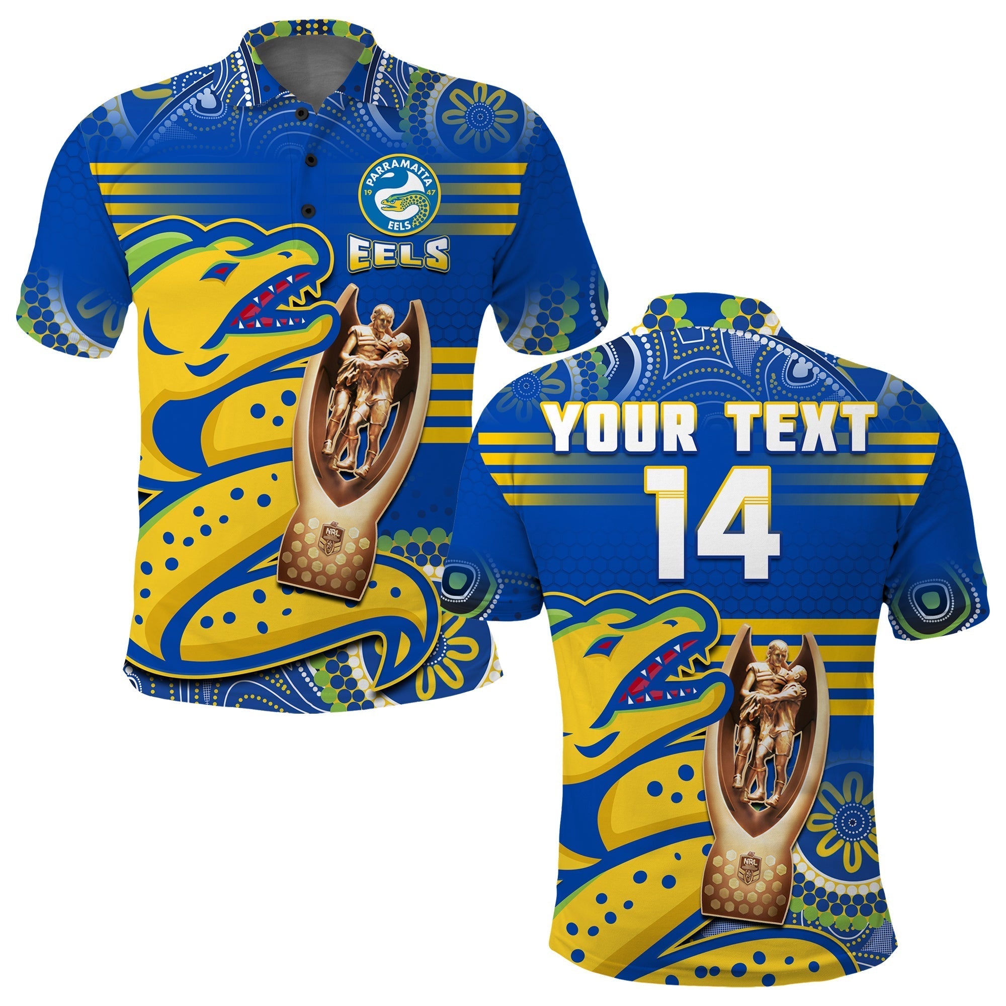(Custom Text And Number) Parramatta Rugby Polo Shirt Eels Premiers 2022 Indigenous Artsy - Vibe Hoodie Shop