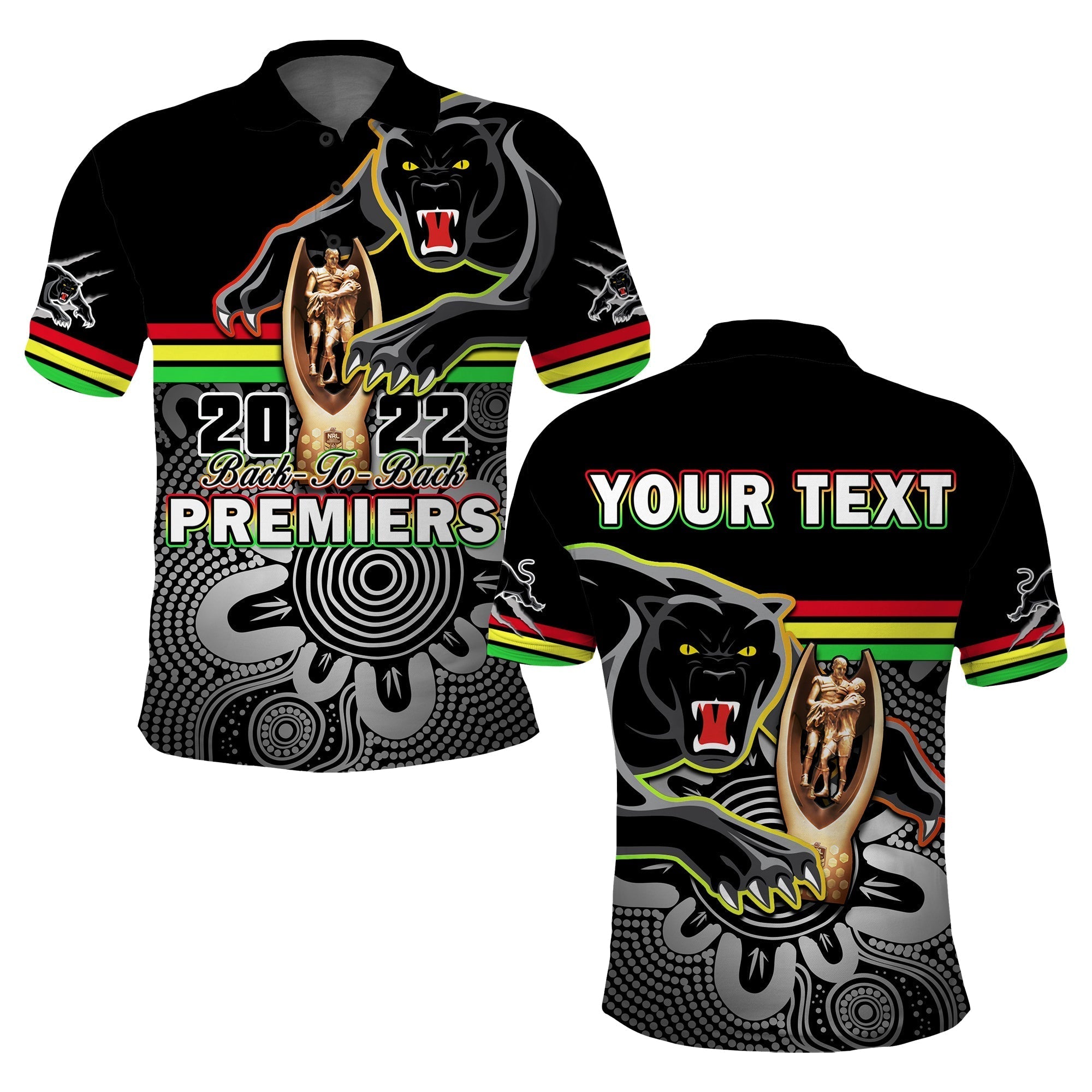 Custom Personalised Panthers Rugby Polo Shirt Pennies Premiers 2022 Back To Back Indigenous Original - Vibe Hoodie Shop