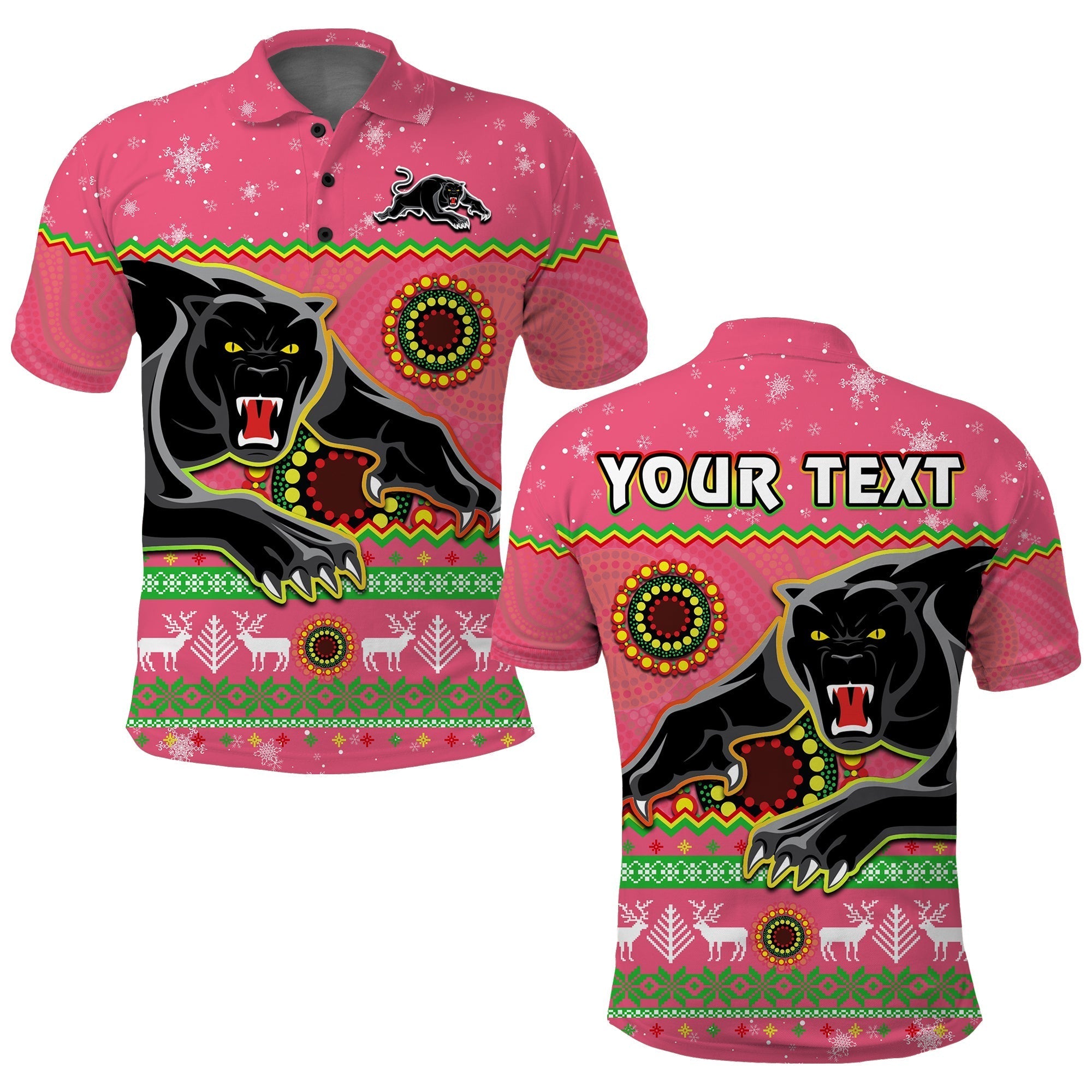 (Custom Personalised) Panthers Christmas Polo Shirt Aboriginal Pattern Penrith Pink Version - Vibe Hoodie Shop