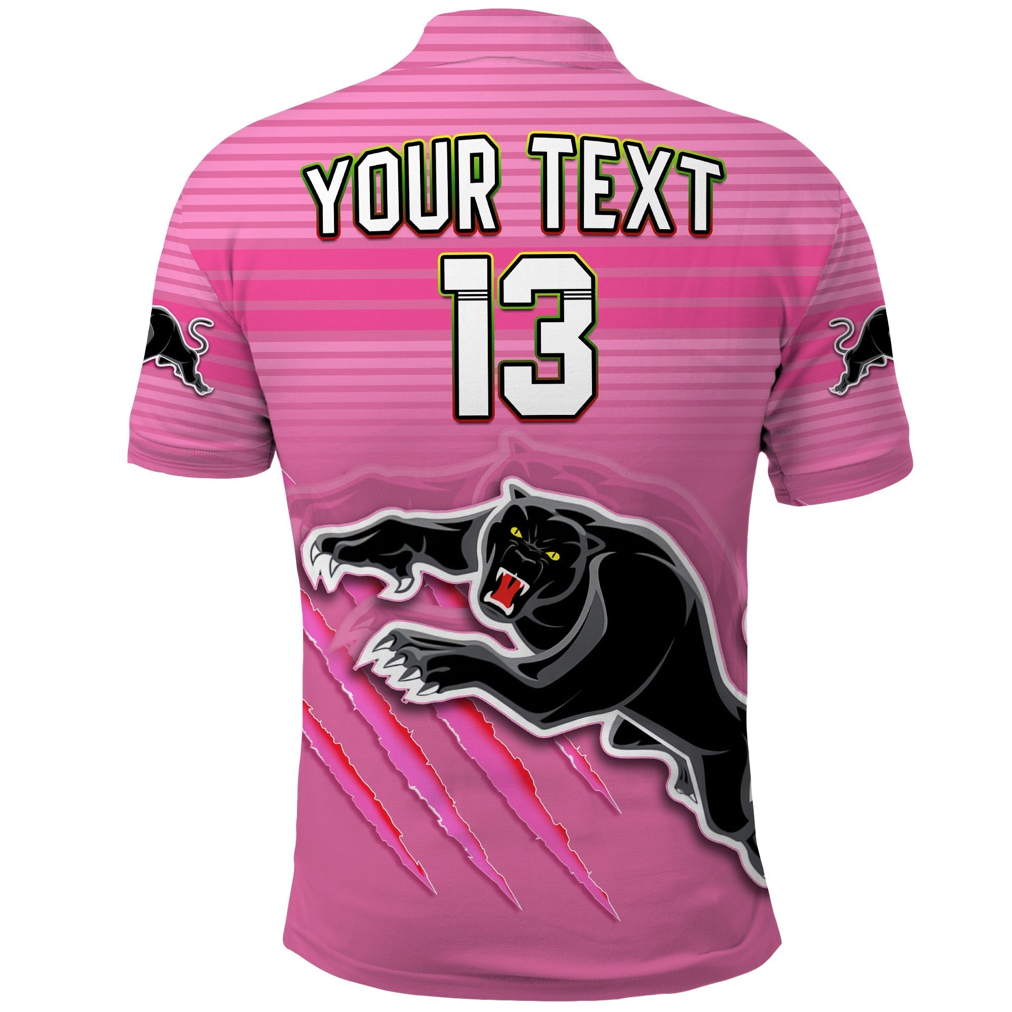 Custom Text and Number Panthers Proud Polo Shirt Back to Back Premiers 2022 Version Pink - Vibe Hoodie Shop