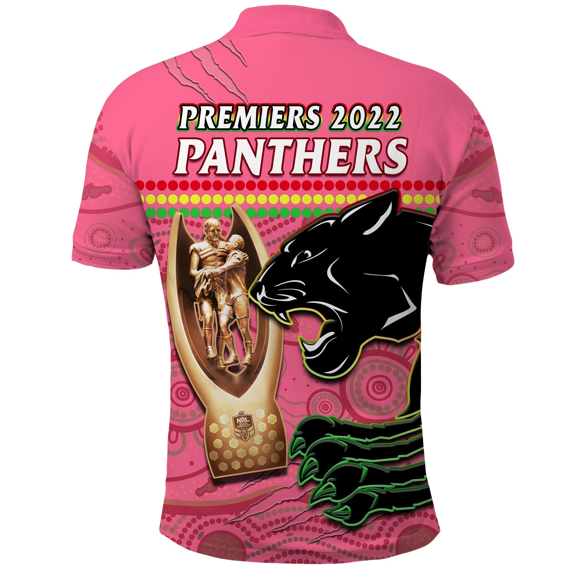 Panthers Rugby Polo Shirt The Riff 2022 Premiers Aboriginal Pink - Vibe Hoodie Shop