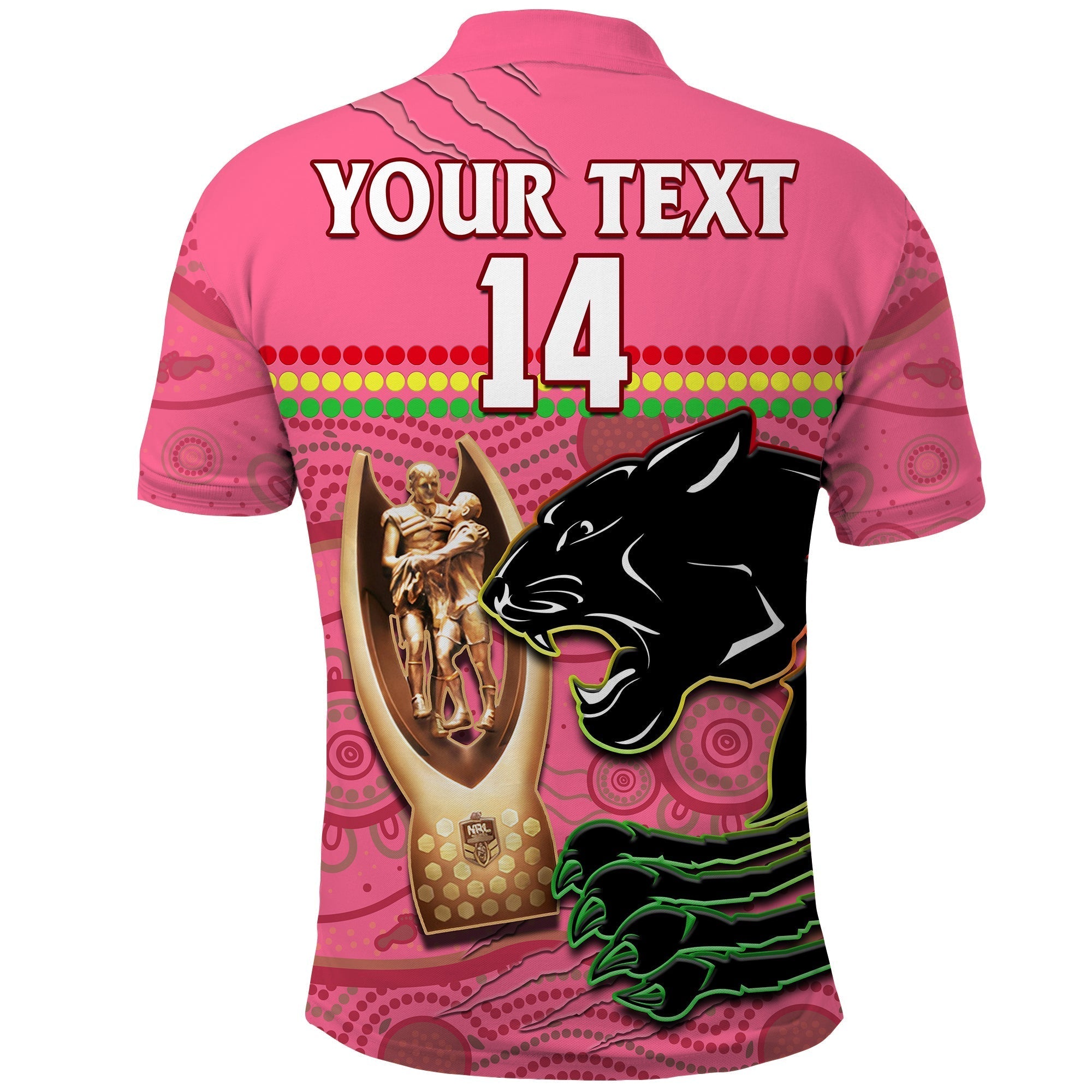 (Custom Text And Number) Panthers Rugby Polo Shirt The Riff 2022 Premiers Aboriginal Pink - Vibe Hoodie Shop