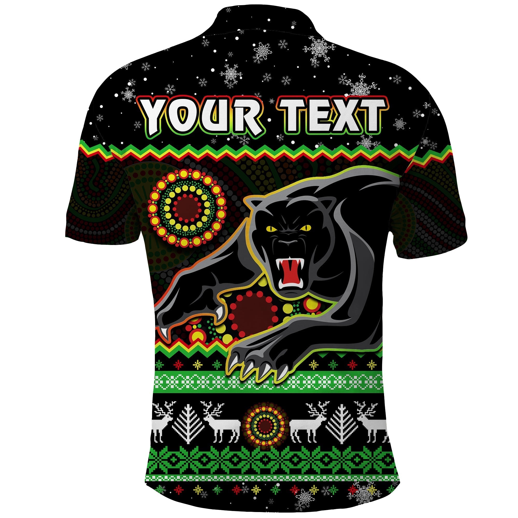 (Custom Personalised) Panthers Christmas Polo Shirt Aboriginal Pattern Penrith Black Version - Vibe Hoodie Shop