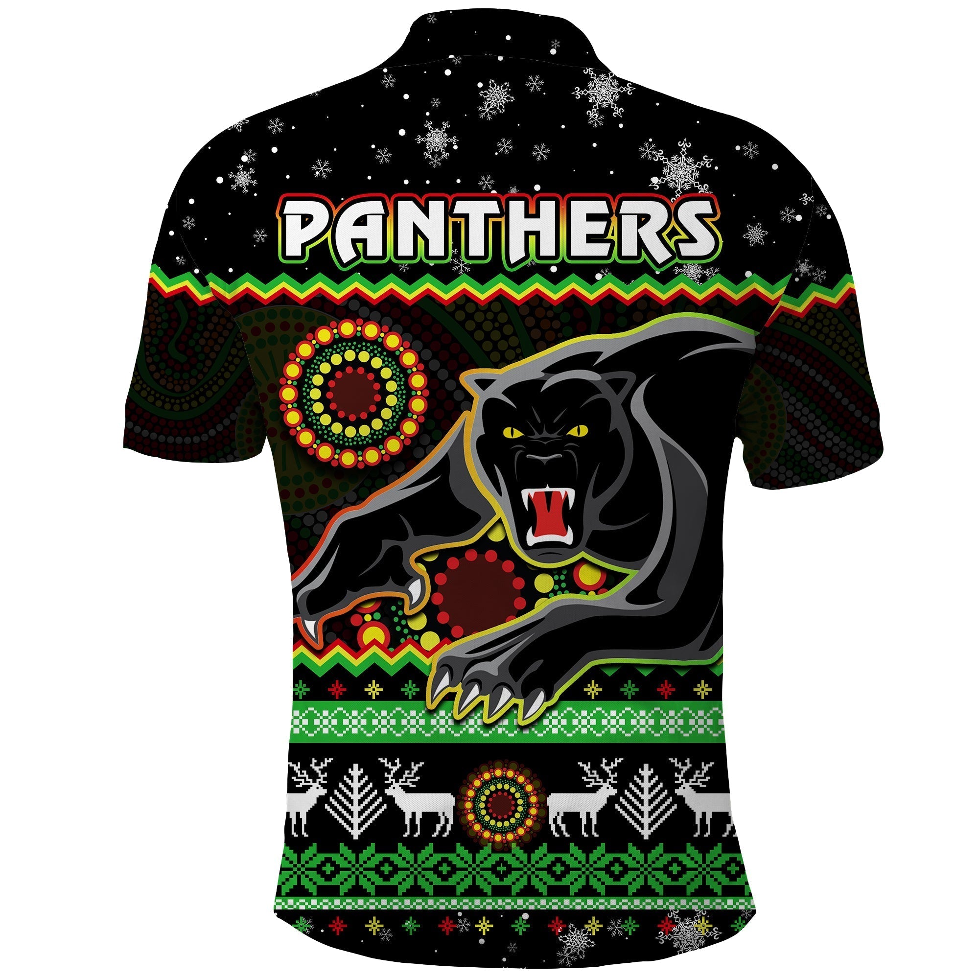 Panthers Christmas Polo Shirt Aboriginal Pattern Penrith Black Version - Vibe Hoodie Shop