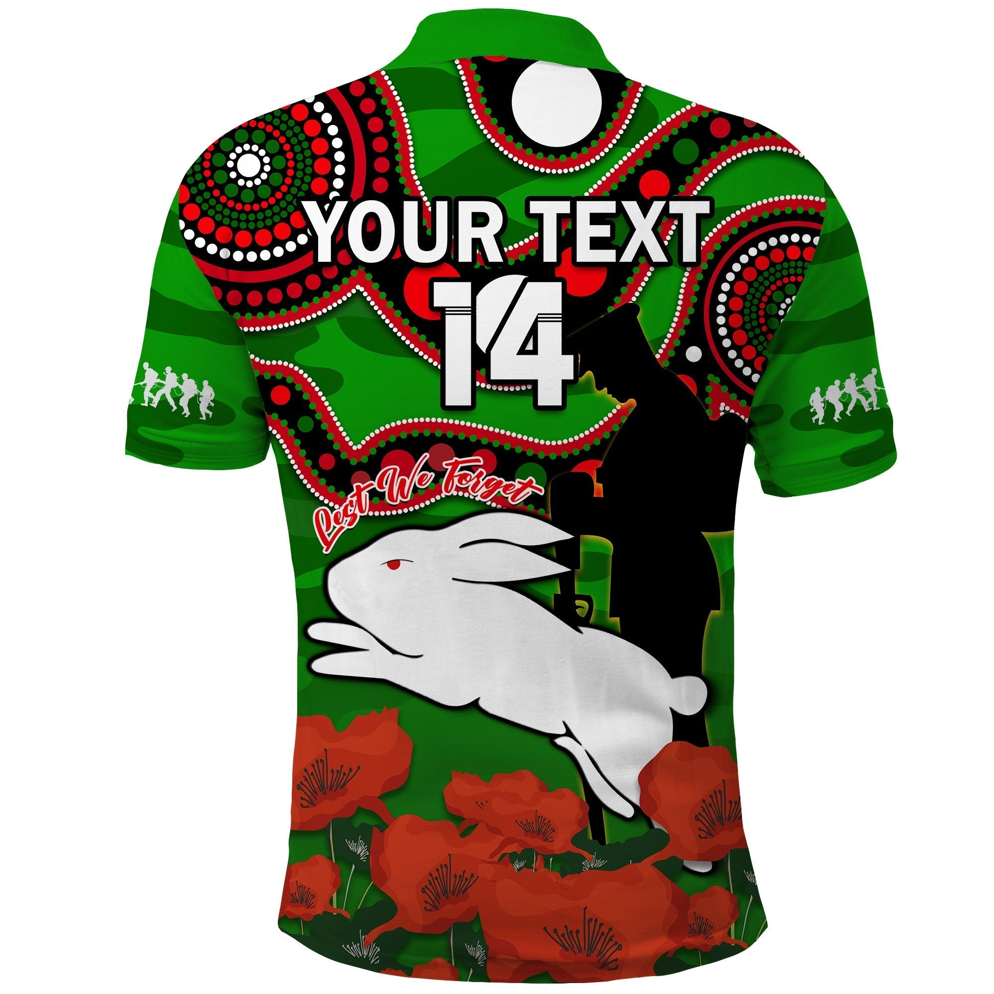 (Custom Text And Number) Rabbitohs Rugby ANZAC 2023 Polo Shirt Bilby With Eggs Flag Style - Vibe Hoodie Shop