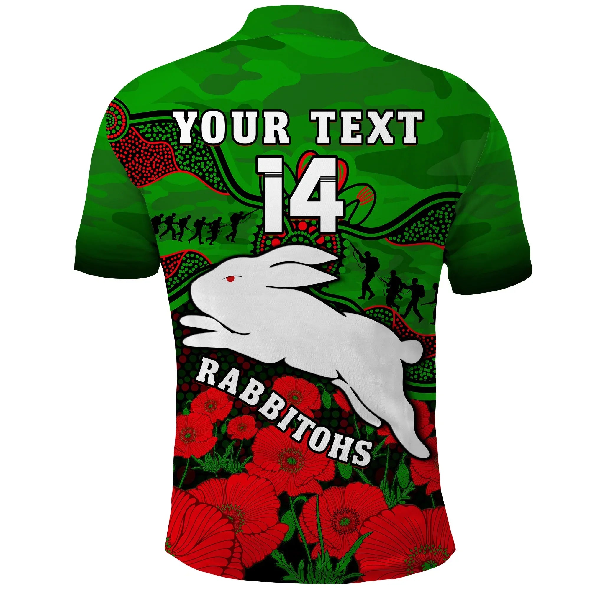 (Custom Text And Number) Rabbitohs Rugby ANZAC Polo Shirt South Sydney Camouflage Poppy Aboriginal - Vibe Hoodie Shop