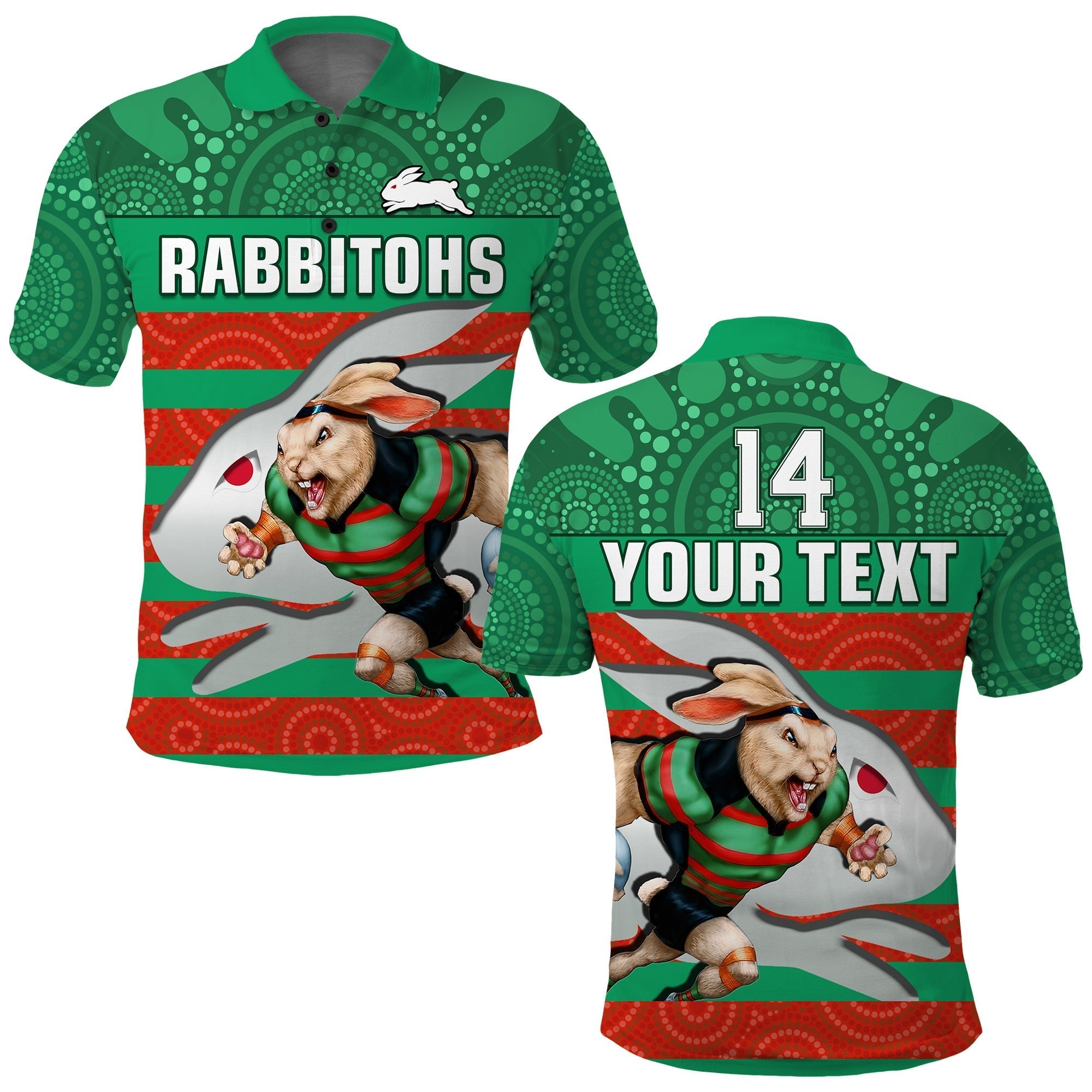 (Custom Text And Number) Rabbitohs Rugby Polo Shirt Aboriginal Dot Painting Glory Glory Sporty Style - Vibe Hoodie Shop