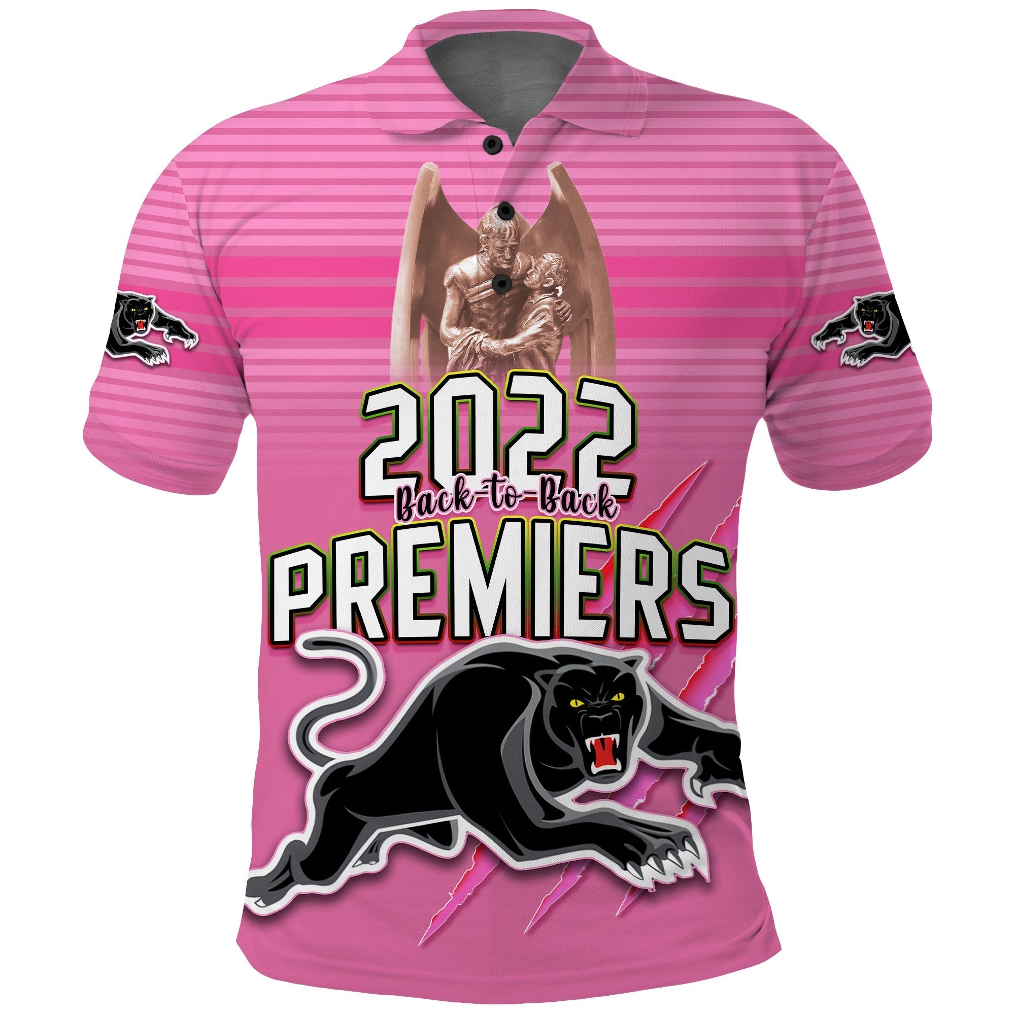 Custom Text and Number Panthers Proud Polo Shirt Back to Back Premiers 2022 Version Pink - Vibe Hoodie Shop