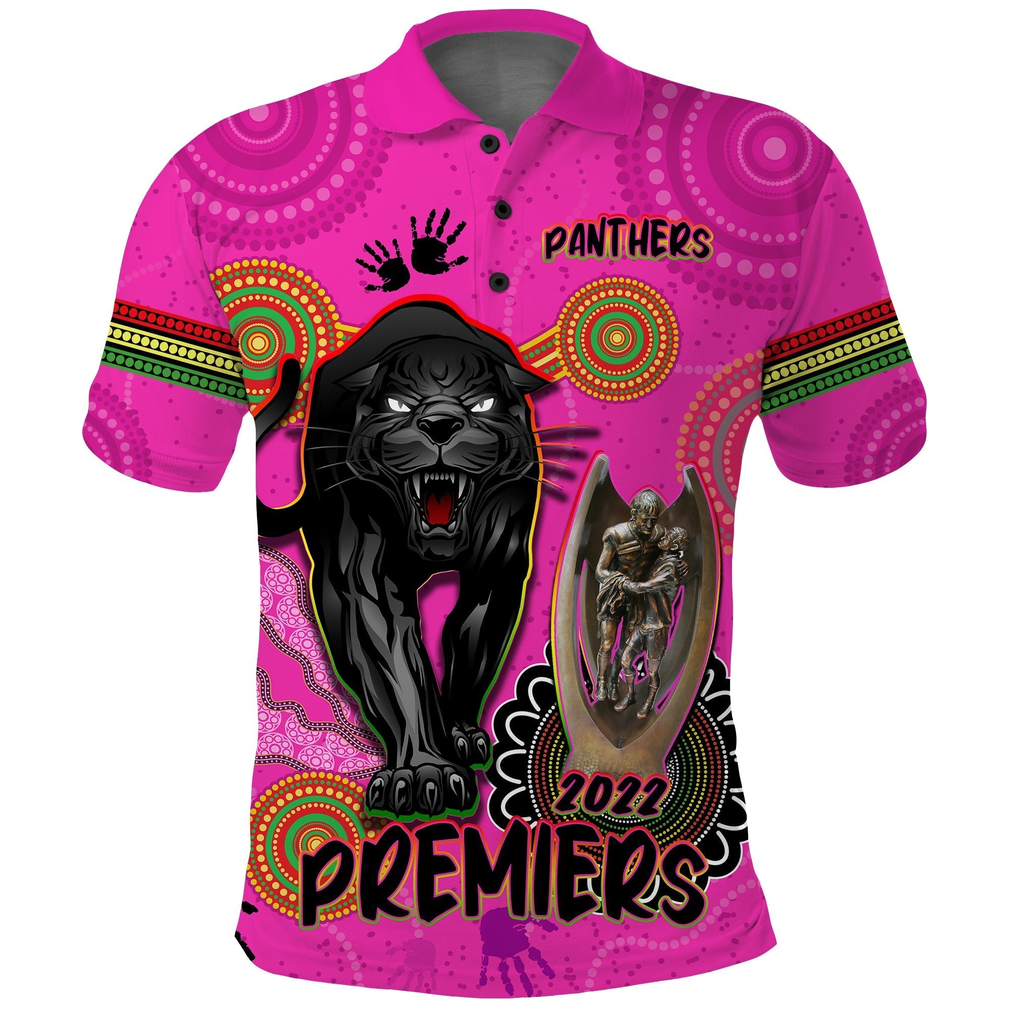 (Custom Text and Number) Panthers Polo Shirt Aboriginal Premiers 2022 We Are The Champions With Trophy - Vibe Hoodie Shop