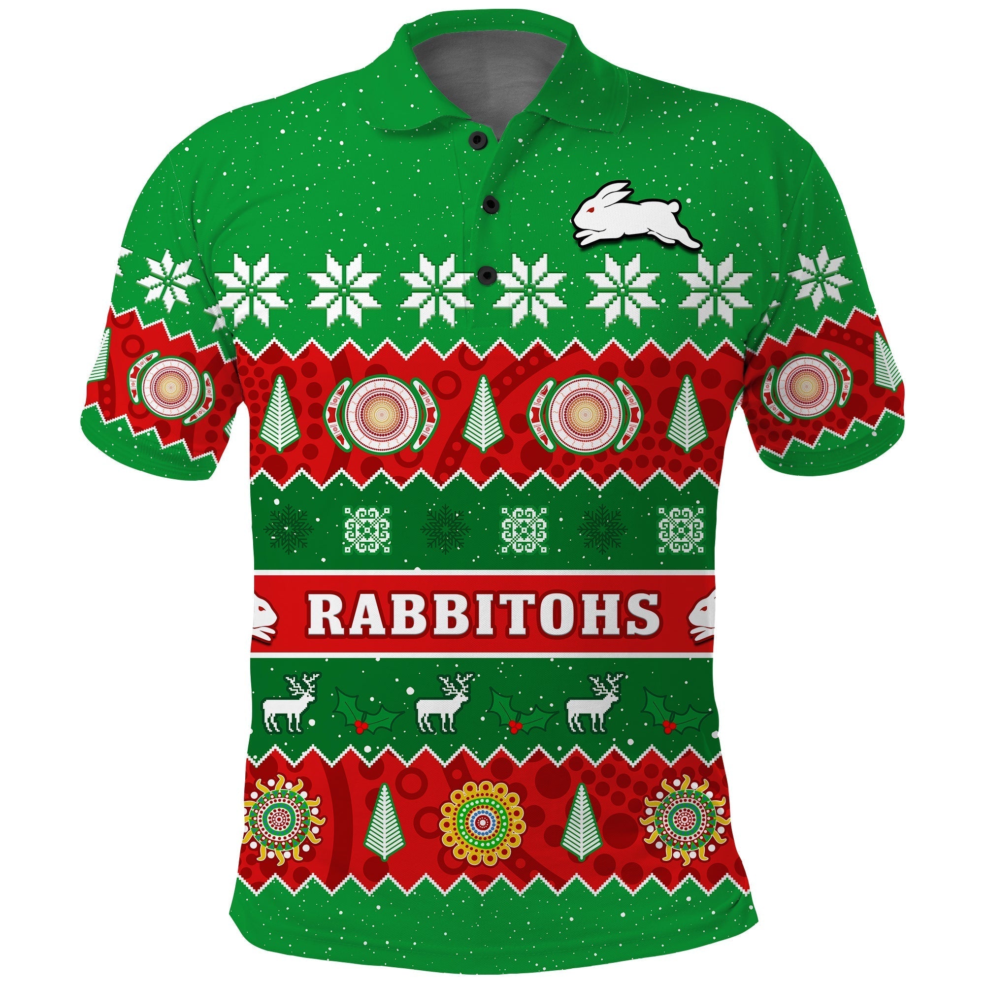 Rabbitohs Christmas Polo Shirt Souths Aboriginal Art Merry Xmas - Vibe Hoodie Shop