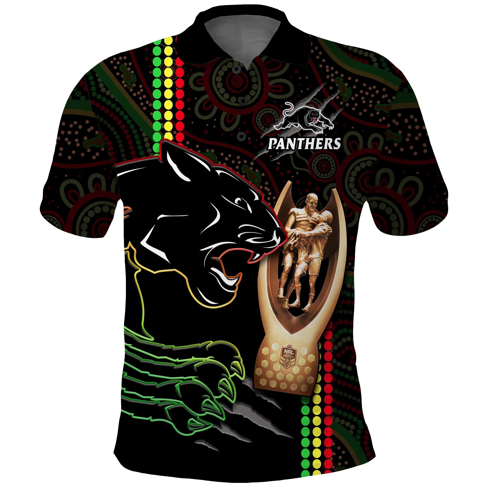 Panthers Rugby Polo Shirt The Riff 2022 Premiers Aboriginal Art - Vibe Hoodie Shop