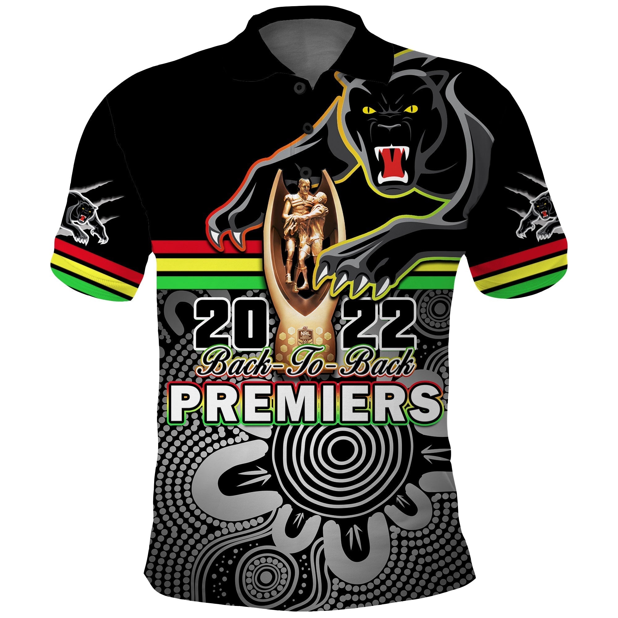 Custom Personalised Panthers Rugby Polo Shirt Pennies Premiers 2022 Back To Back Indigenous Original - Vibe Hoodie Shop