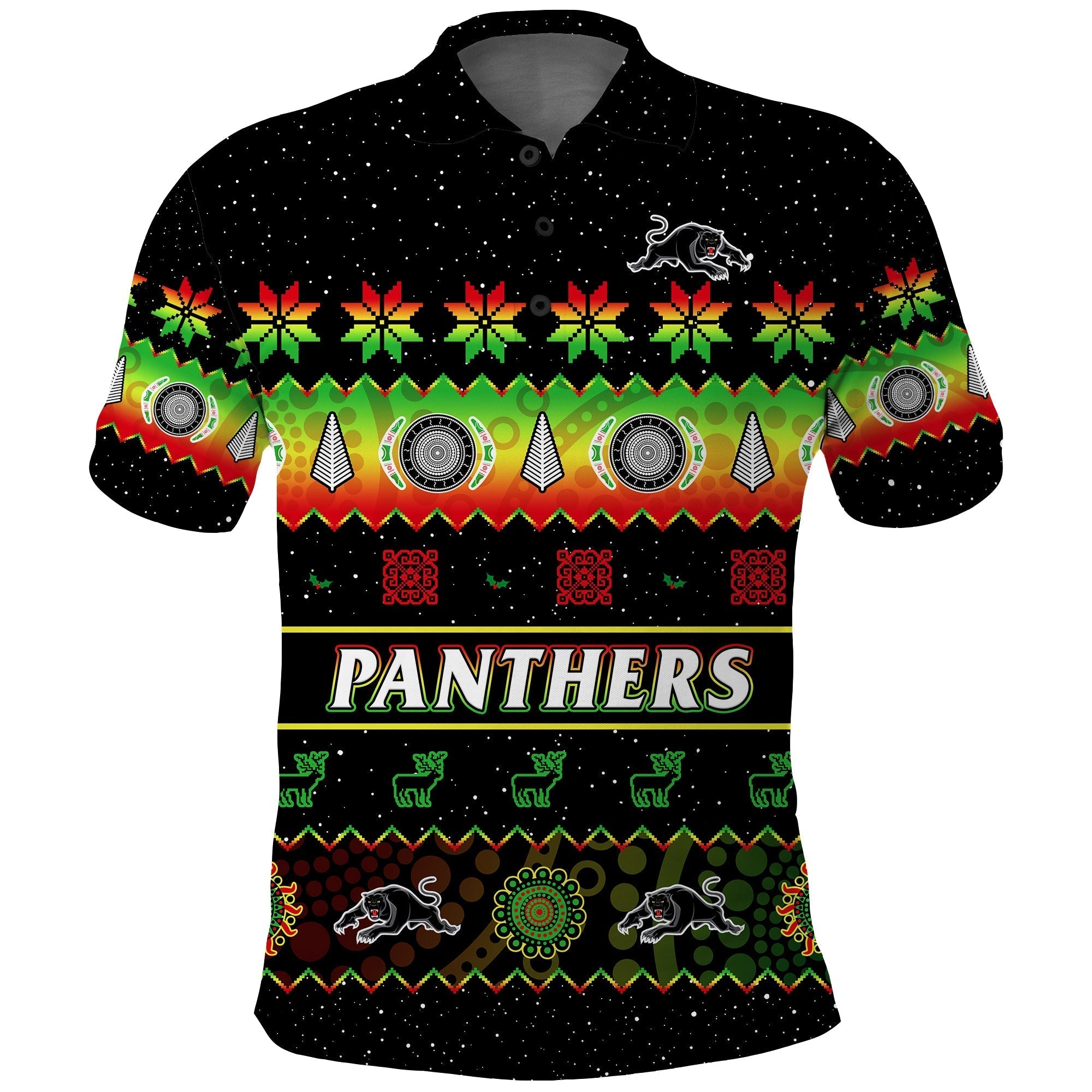 Penrith Panthers Christmas Polo Shirt The Riff Aboriginal Art Merry Xmas - Vibe Hoodie Shop