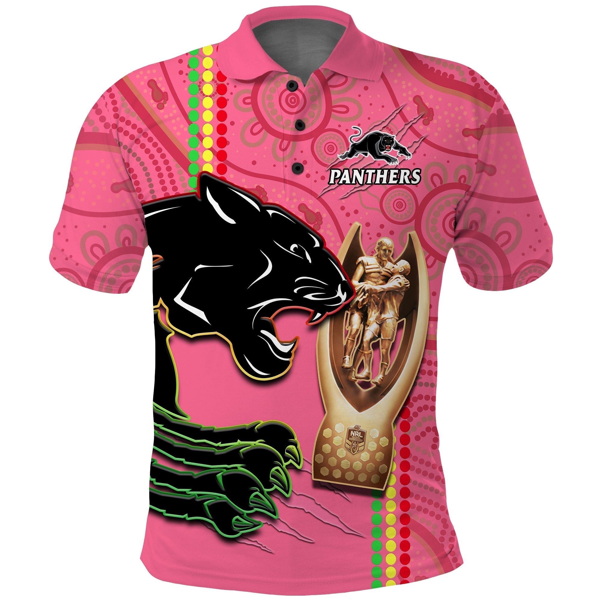 (Custom Text And Number) Panthers Rugby Polo Shirt The Riff 2022 Premiers Aboriginal Pink - Vibe Hoodie Shop