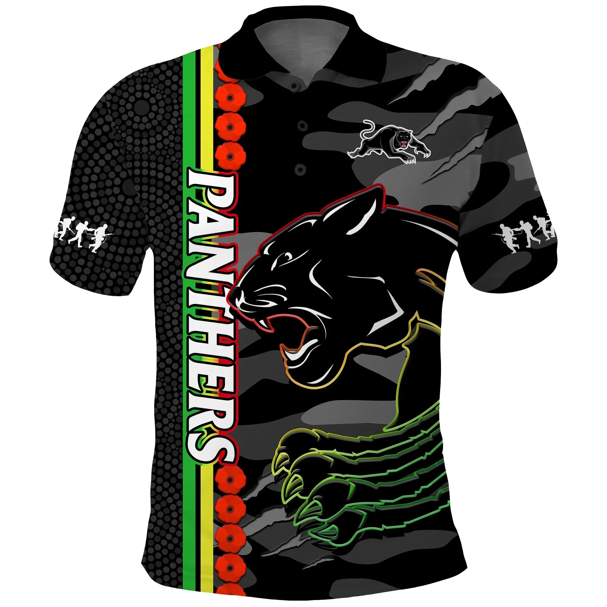 (Custom Text And Number) Panthers Rugby ANZAC Polo Shirt Aboriginal Mix Poppy Camouflage Black - Vibe Hoodie Shop
