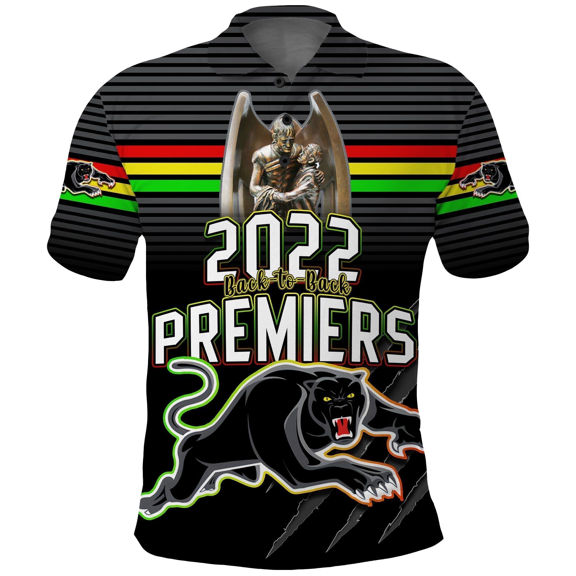 Custom Text and Number Panthers Proud Polo Shirt Back to Back Premiers 2022 Version Black - Vibe Hoodie Shop