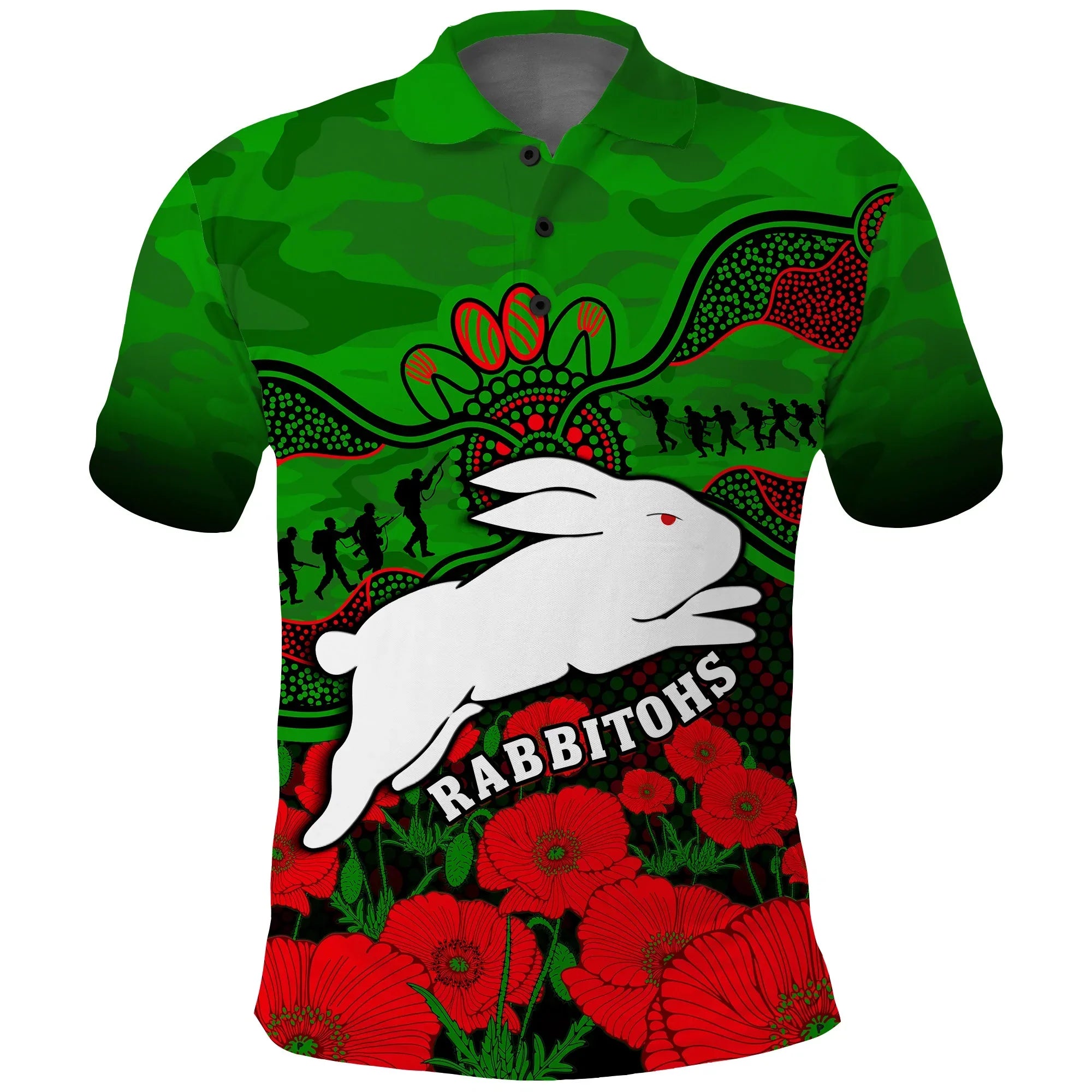(Custom Text And Number) Rabbitohs Rugby ANZAC Polo Shirt South Sydney Camouflage Poppy Aboriginal - Vibe Hoodie Shop