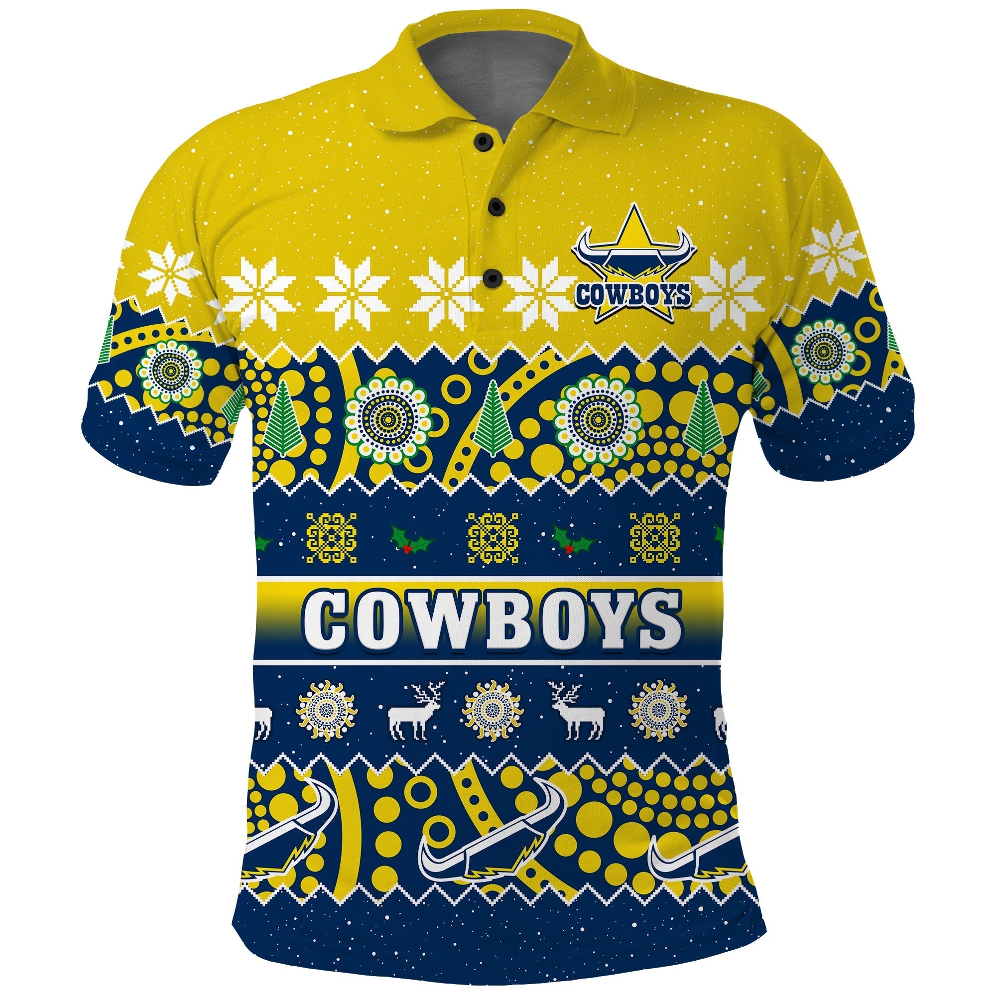 (Custom Personalised) Cowboys Christmas Polo Shirt Aboriginal Art Merry Xmas - Vibe Hoodie Shop