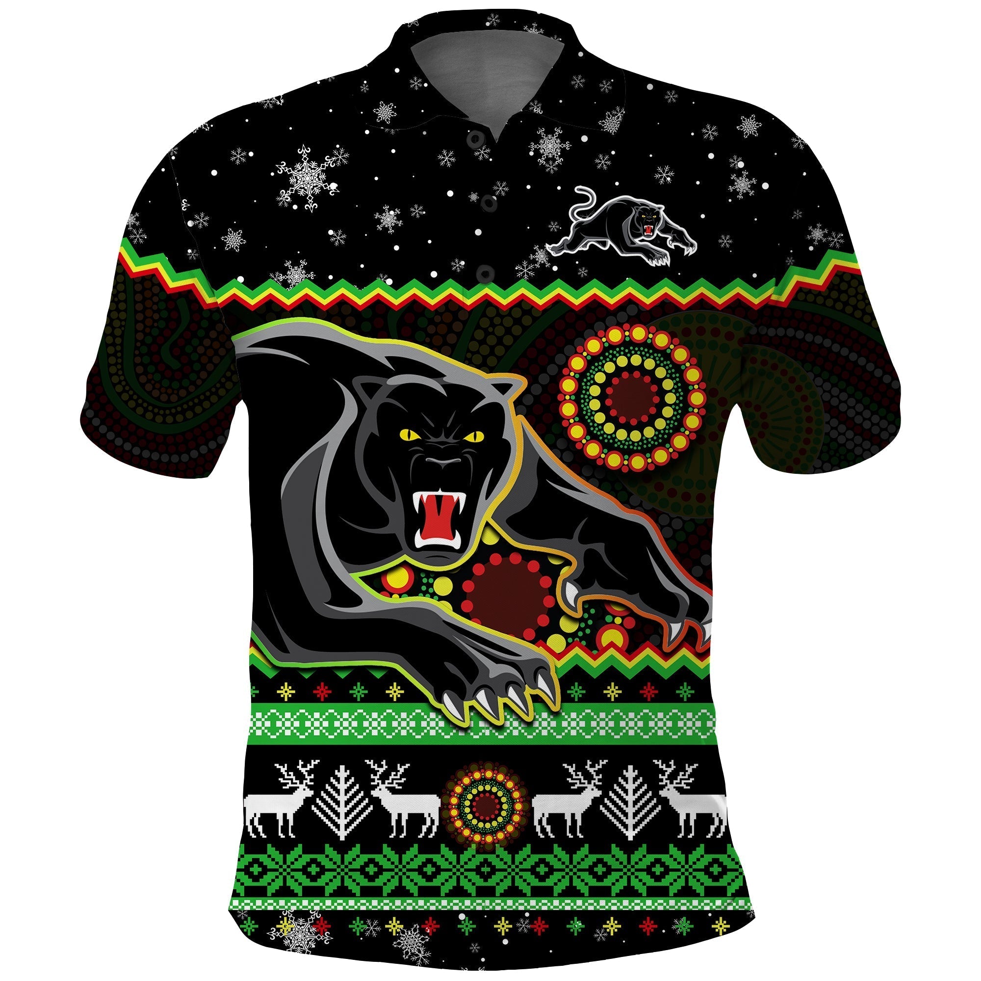 Panthers Christmas Polo Shirt Aboriginal Pattern Penrith Black Version - Vibe Hoodie Shop