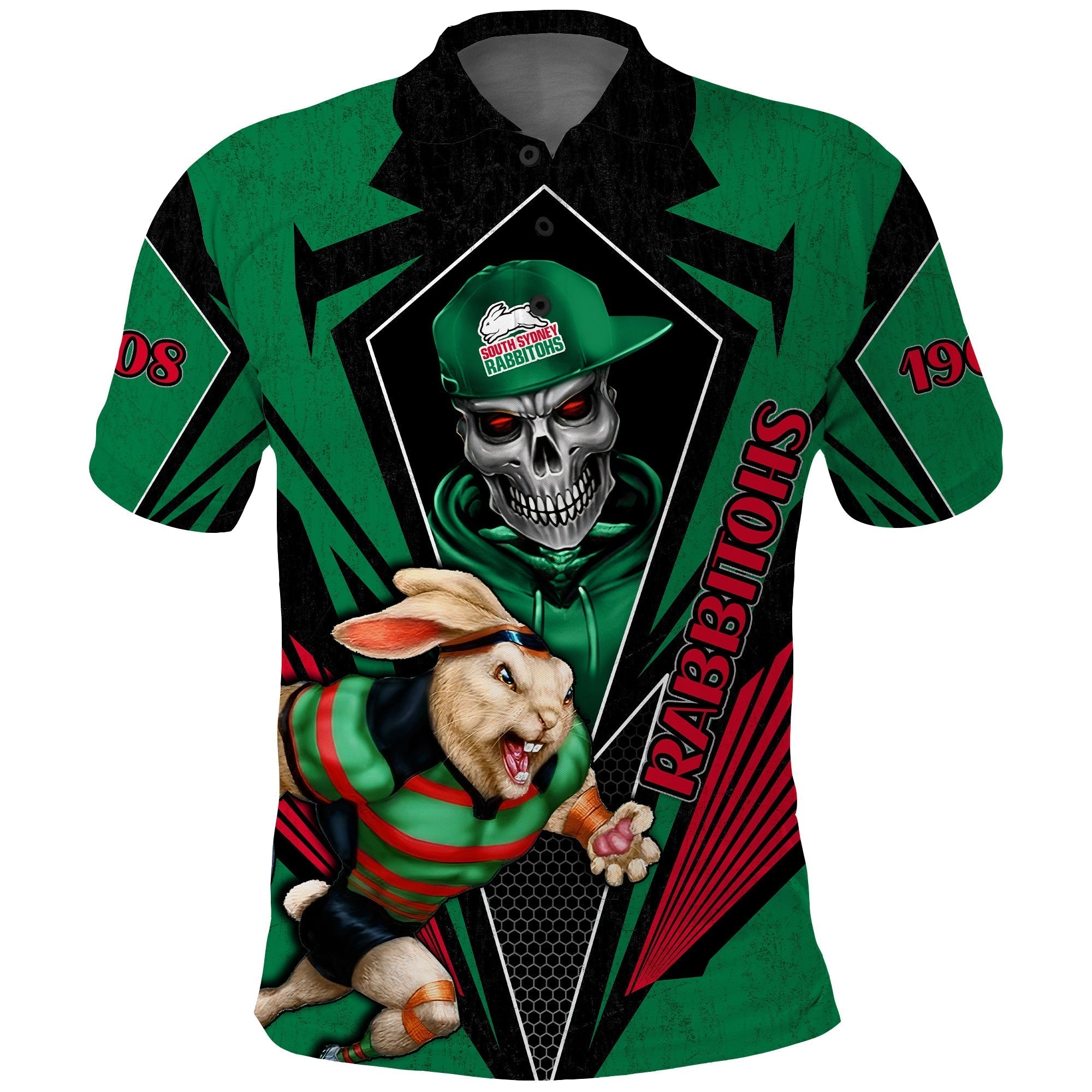 (Custom Personalised) Rabbitohs Rugby Polo Shirt Mascot South Sydney Since 1908 Cool Skull - Vibe Hoodie Shop