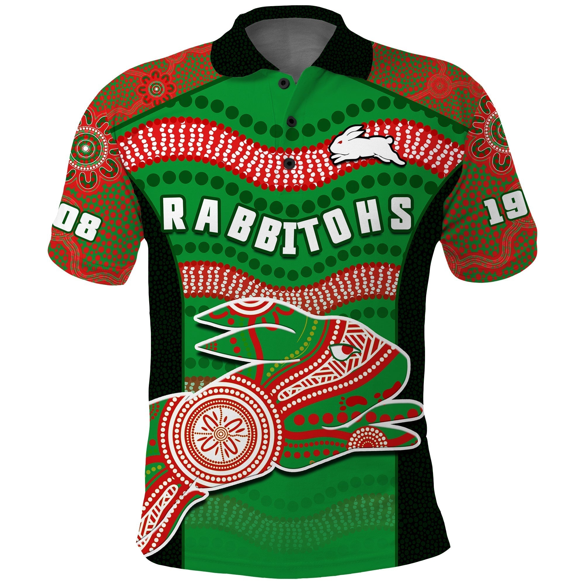 Rabbitohs Rugby Polo Shirt Souths 1908 Aboriginal Dot Painting Go Bunnies - Vibe Hoodie Shop