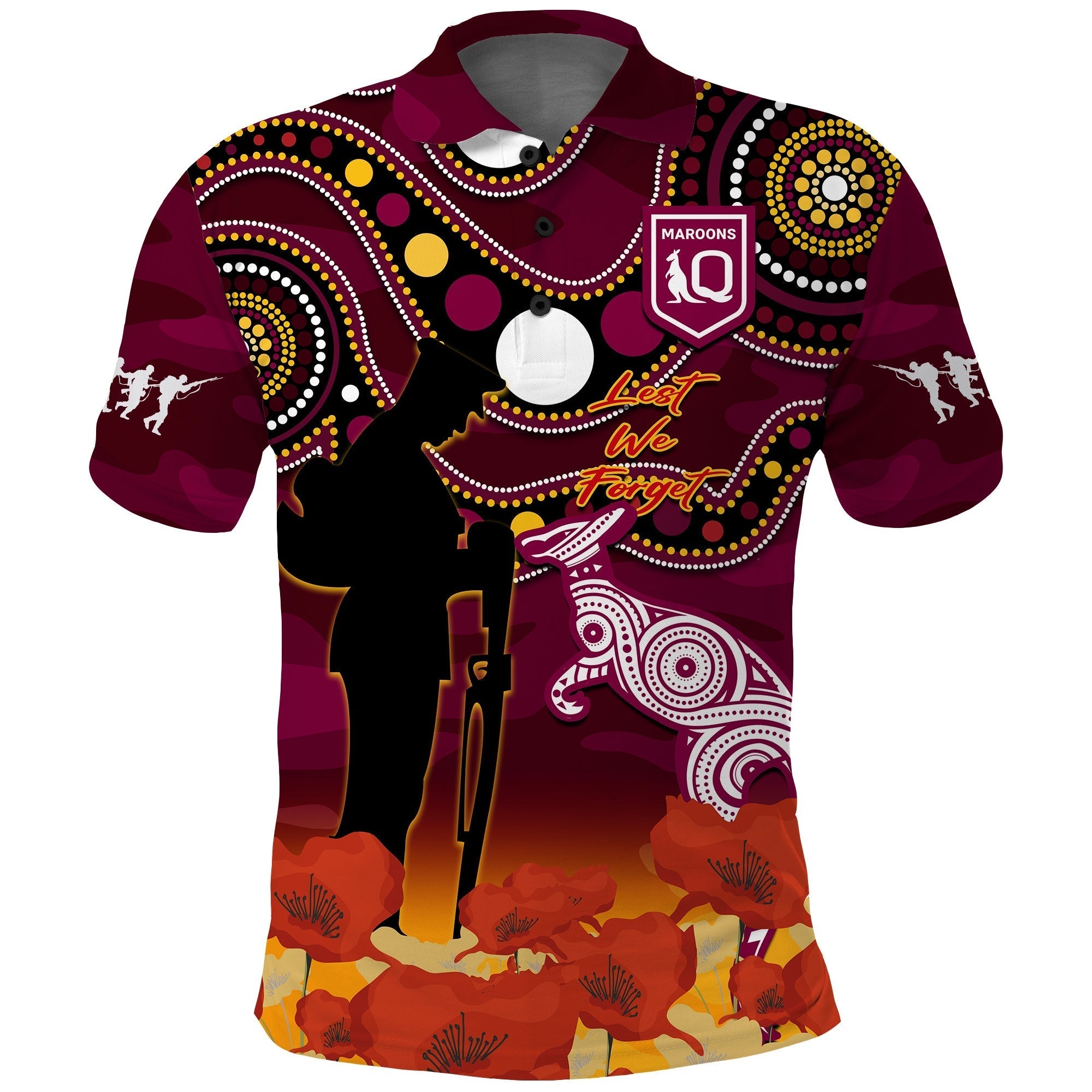 (Custom Text And Number) Maroons Rugby ANZAC 2023 Polo Shirt QLD Aboriginal Mix Poppy Camouflage - Vibe Hoodie Shop