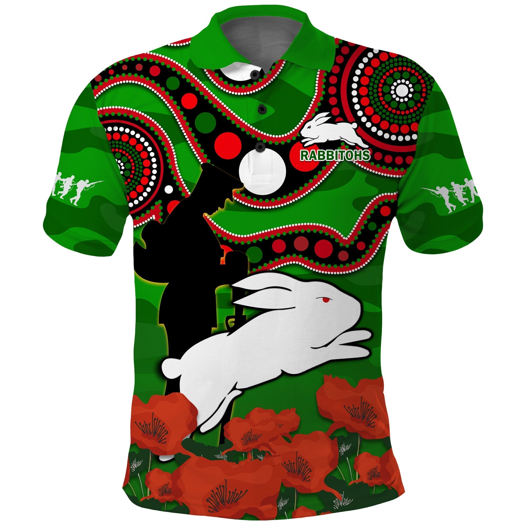 (Custom Text And Number) Rabbitohs Rugby ANZAC 2023 Polo Shirt Bilby With Eggs Flag Style - Vibe Hoodie Shop