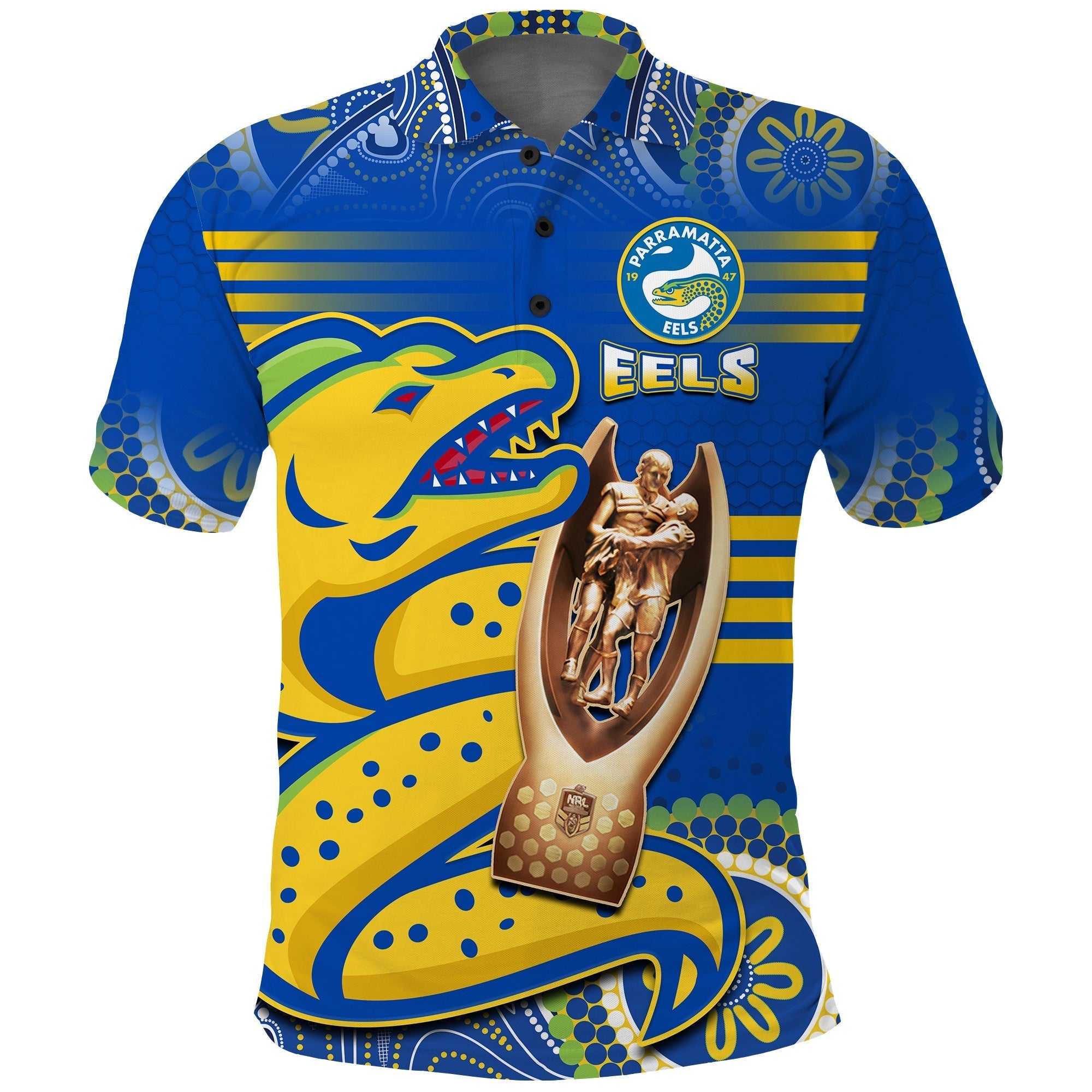 (Custom Text And Number) Parramatta Rugby Polo Shirt Eels Premiers 2022 Indigenous Artsy - Vibe Hoodie Shop