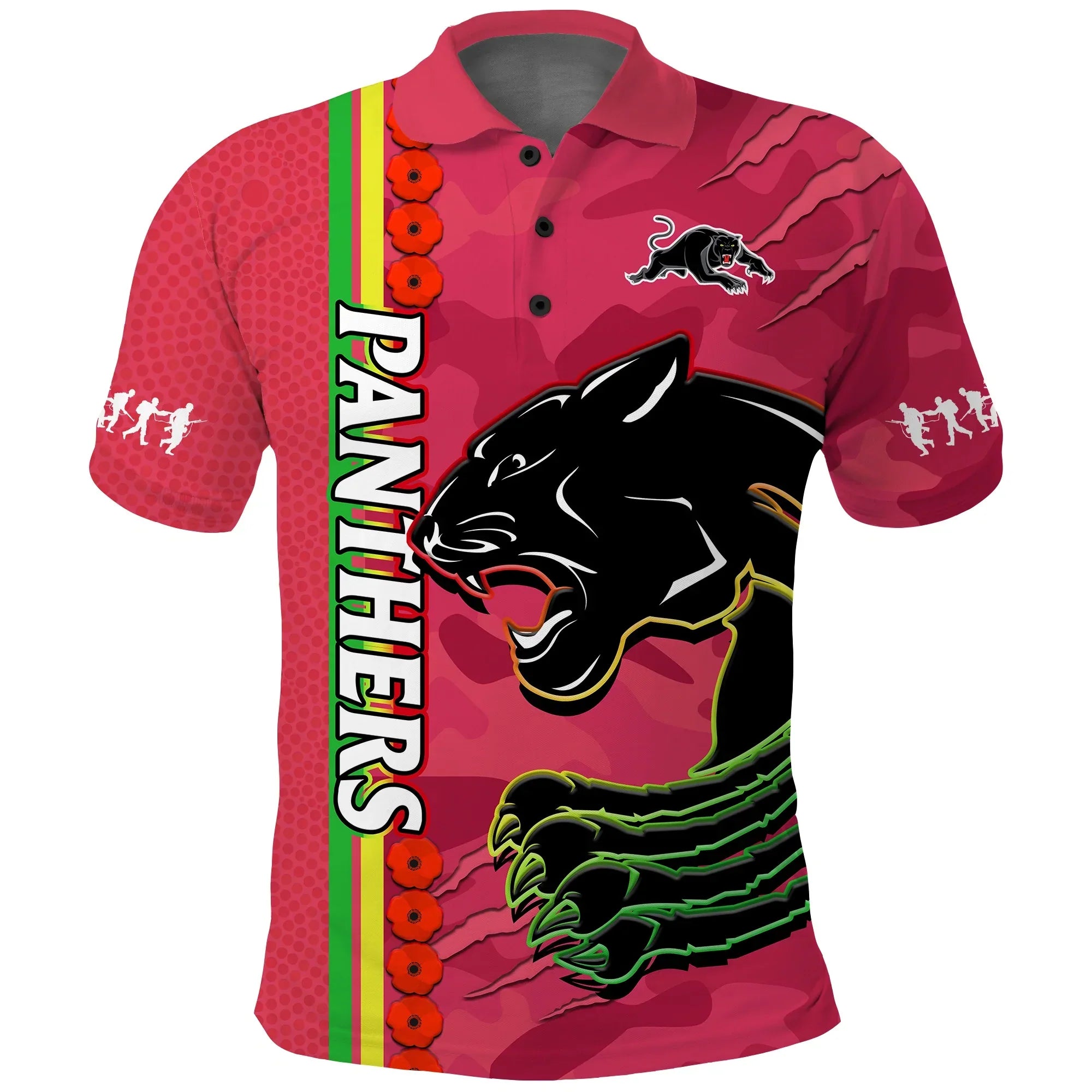 (Custom Text And Number) Panthers Rugby ANZAC Polo Shirt Aboriginal Mix Poppy Camouflage Pink - Vibe Hoodie Shop