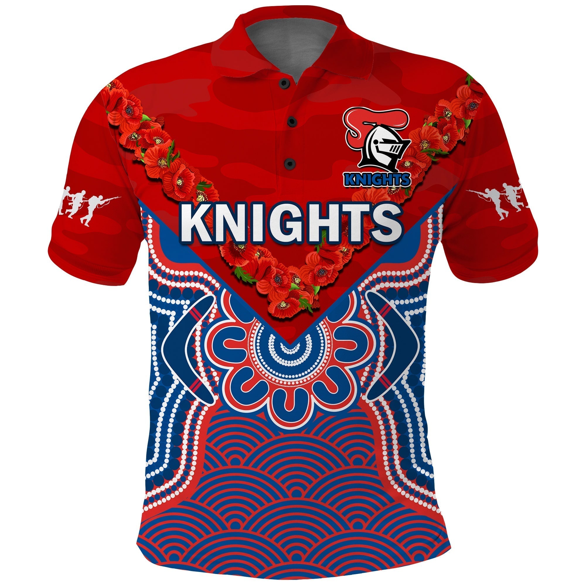 (Custom Text And Number) Knights ANZAC 2023 Polo Shirt Camouflage Poppy Mix Aboriginal - Vibe Hoodie Shop