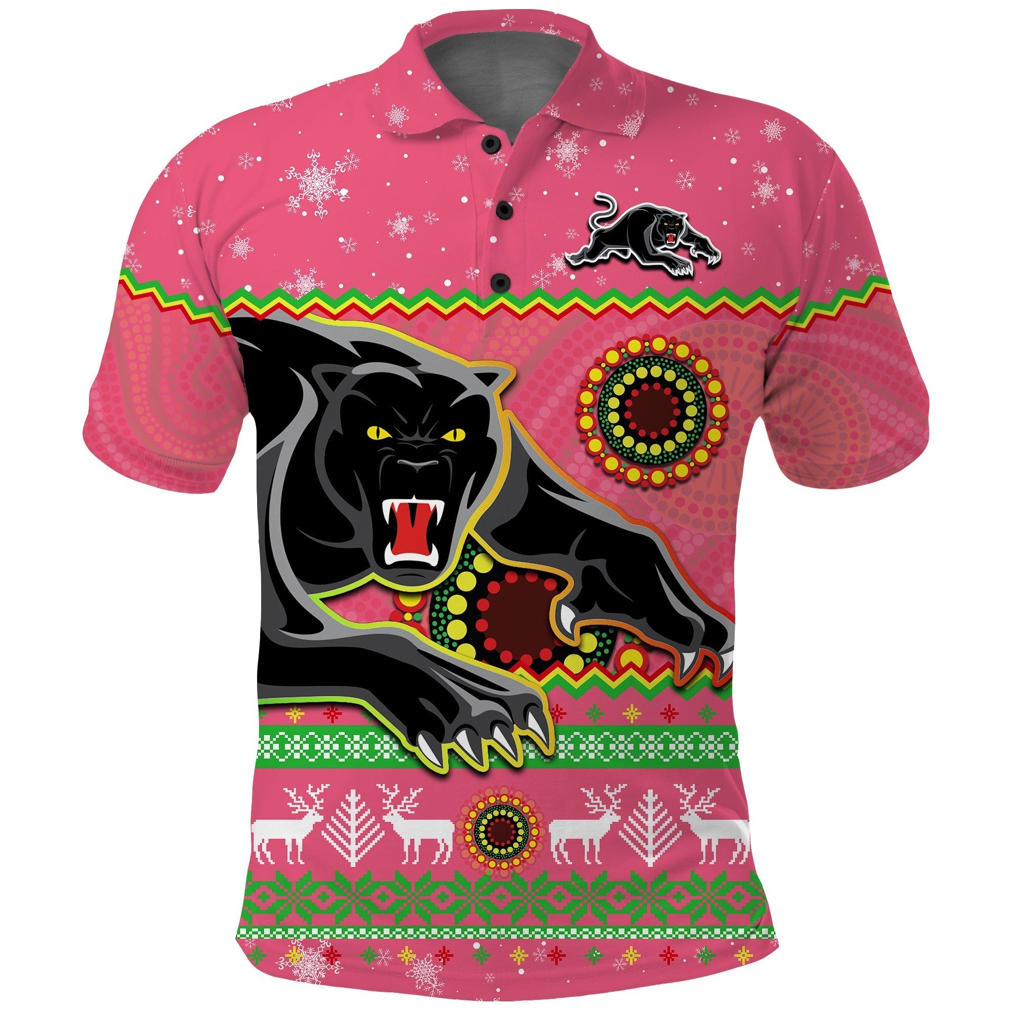 (Custom Personalised) Panthers Christmas Polo Shirt Aboriginal Pattern Penrith Pink Version - Vibe Hoodie Shop