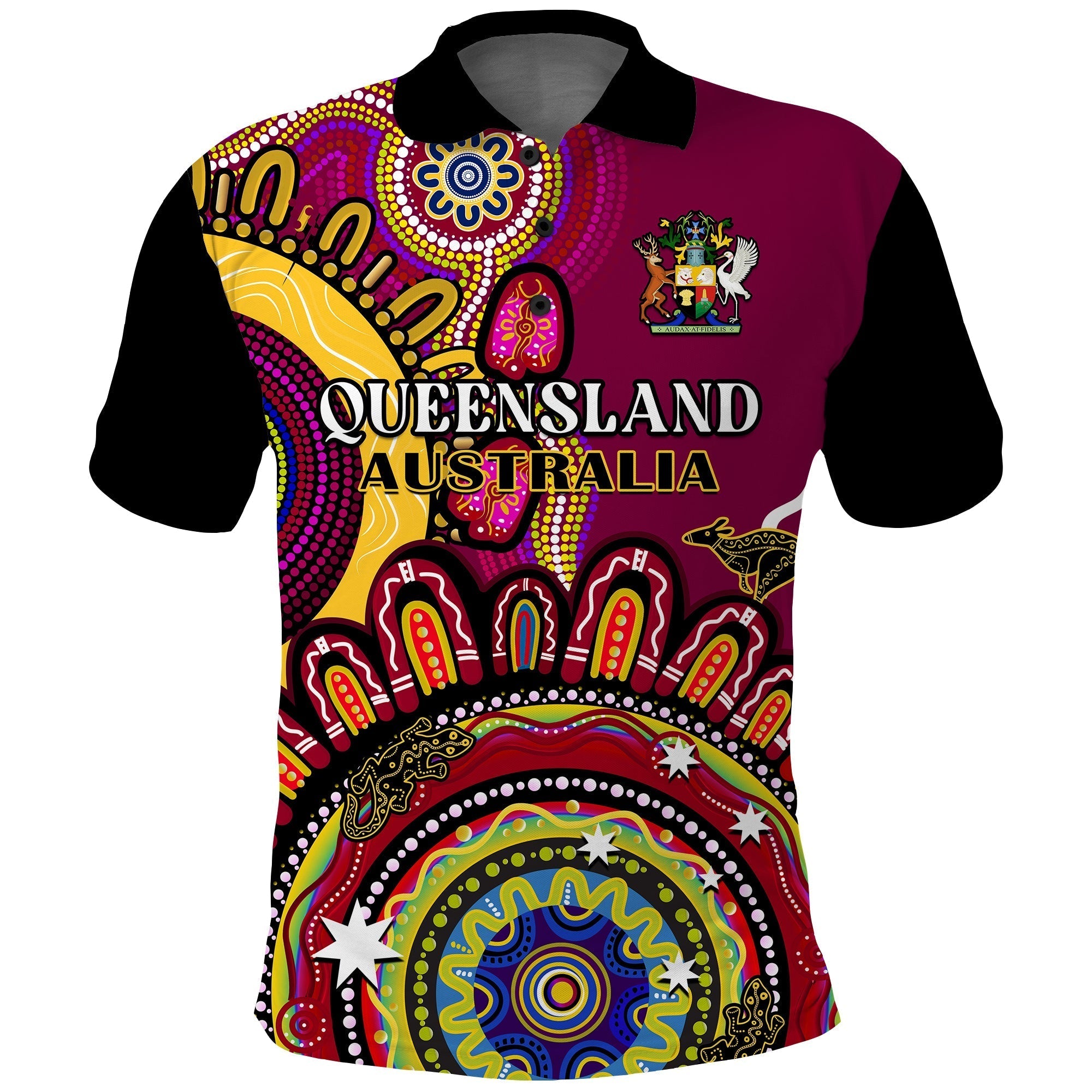 Queensland State Polo Shirt QLD Australian Indigenous Art - Vibe Hoodie Shop