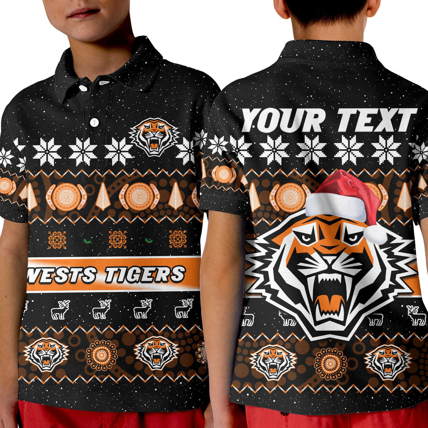 custom-personalised-wests-tigers-christmas-polo-shirt-kid-aboriginal-art-merry-xmas