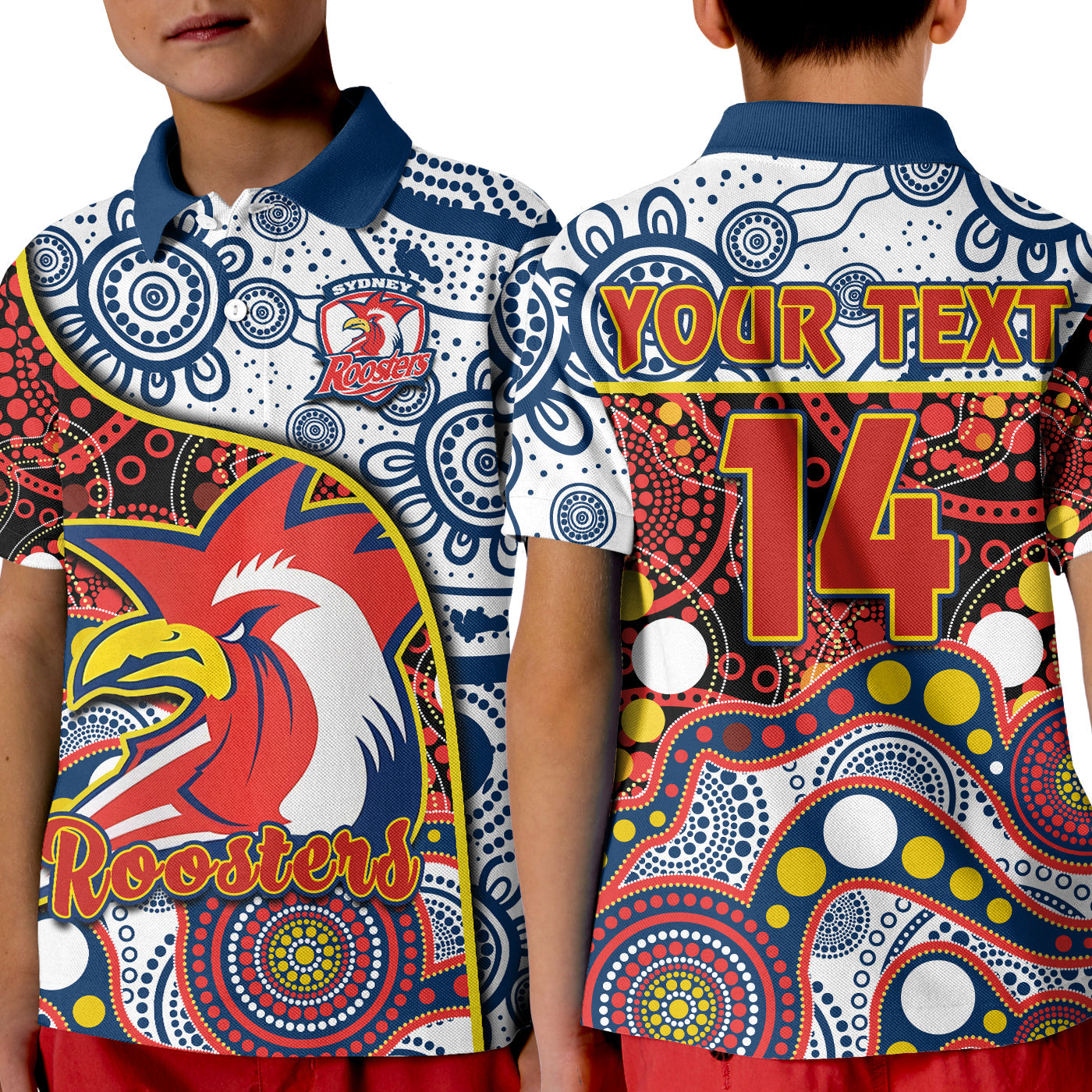 custom-text-and-number-roosters-rugby-polo-shirt-kid-easts-1908-aboriginal-artsy-premiers