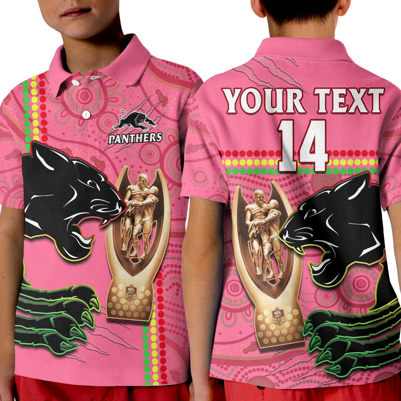 (Custom Text And Number) Panthers Rugby Polo Shirt KID The Riff 2022 Premiers Aboriginal Pink - Vibe Hoodie Shop