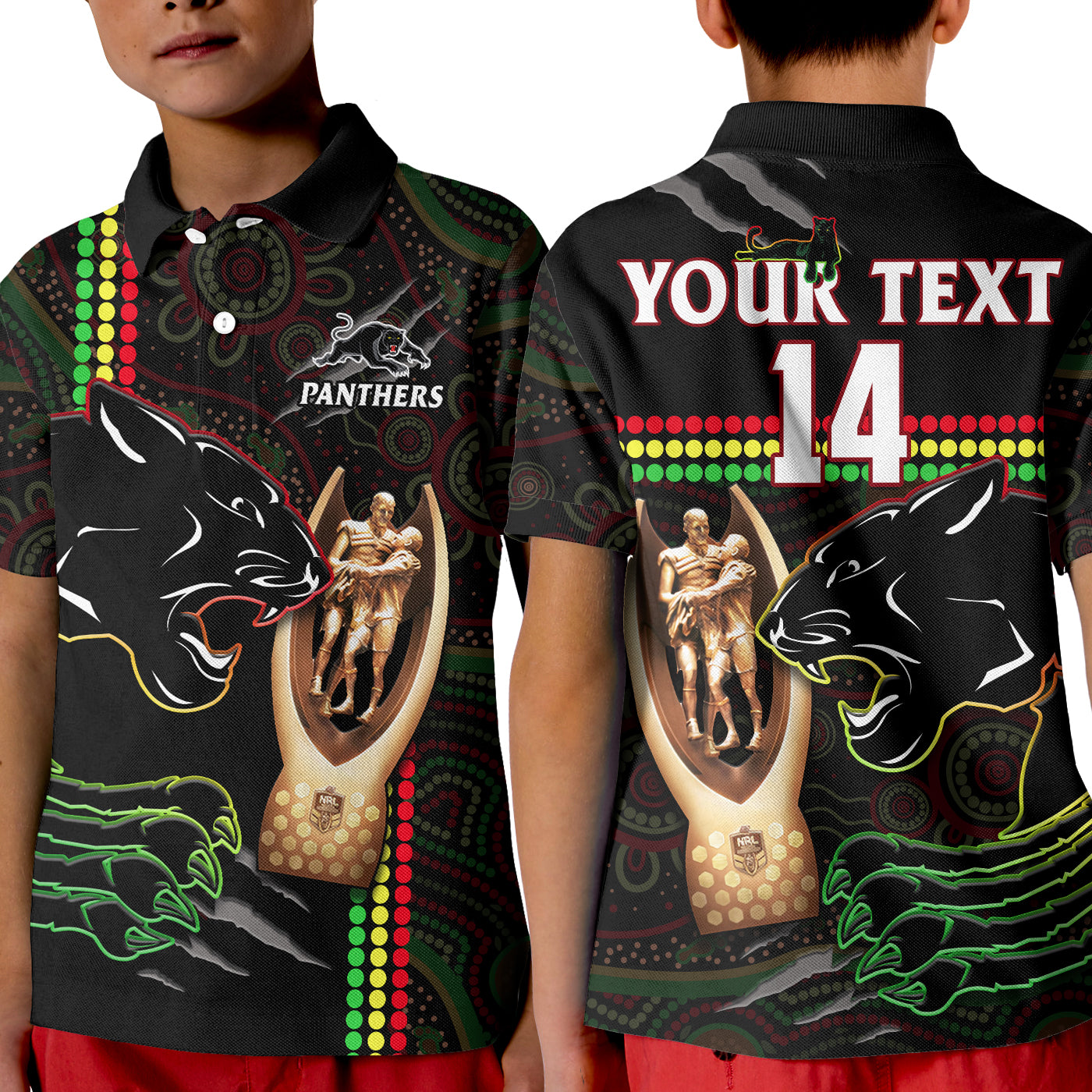 (Custom Text And Number) Panthers Rugby Polo Shirt KID The Riff 2022 Premiers Aboriginal Art - Vibe Hoodie Shop