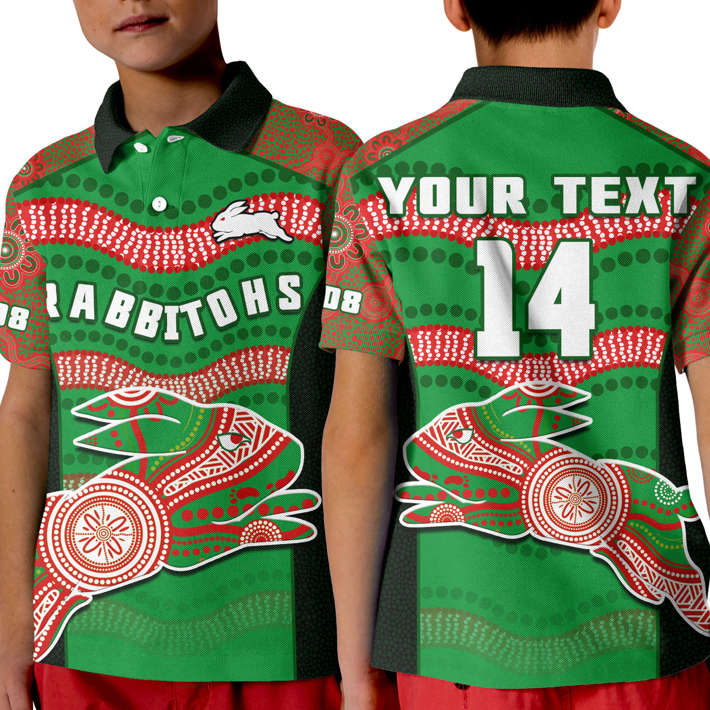 (Custom Text And Number) Rabbitohs Rugby Polo Shirt KID Souths 1908 Aboriginal Dot Painting Go Bunnies - Vibe Hoodie Shop
