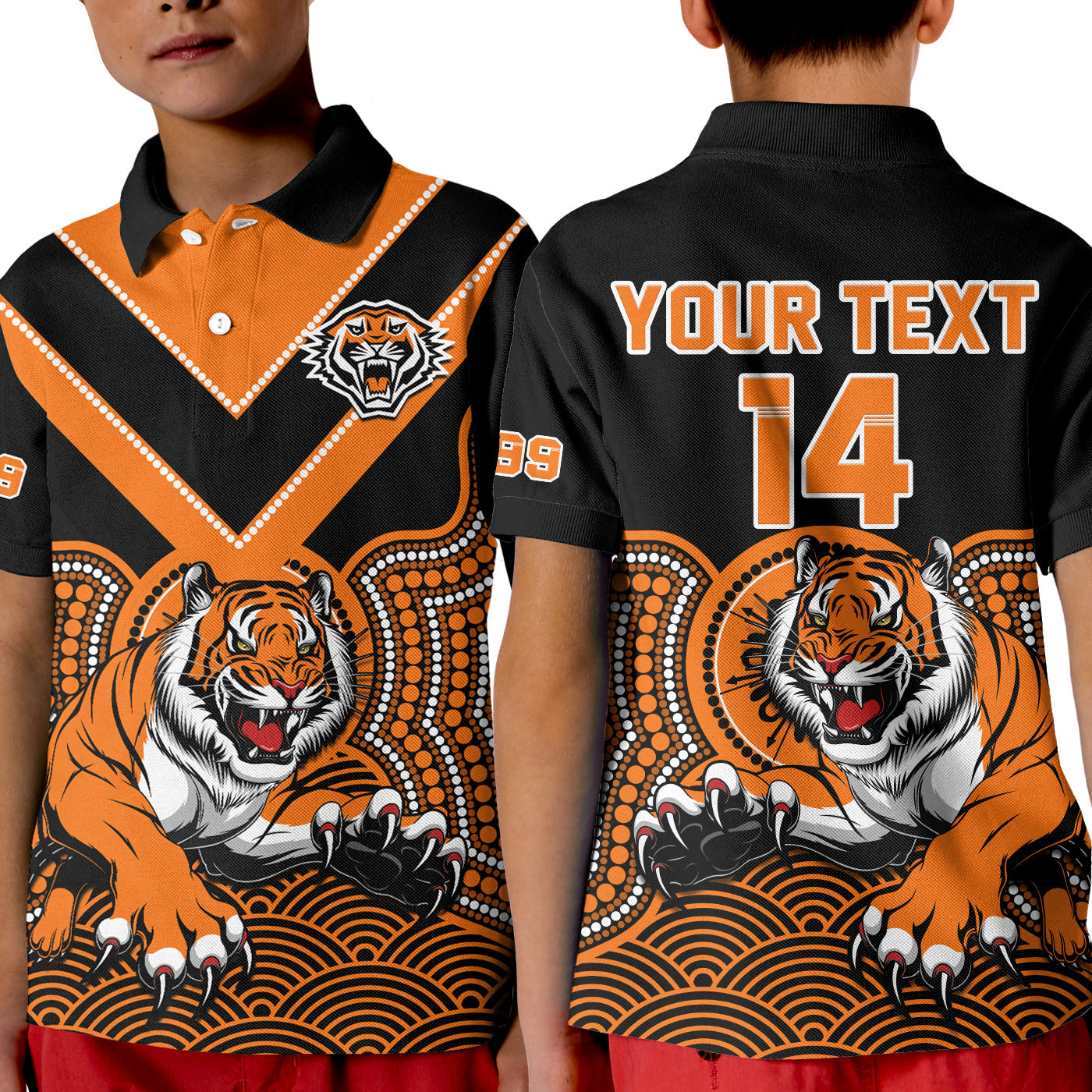 custom-text-and-number-wests-tigers-rugby-polo-shirt-kid-indigenous-black-artsy